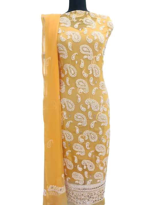 Shyamal Chikan Hand Embroidered Orange Georgette Lucknowi Chikankari Unstitched Suit Piece With Gotta Patti Work- S11170