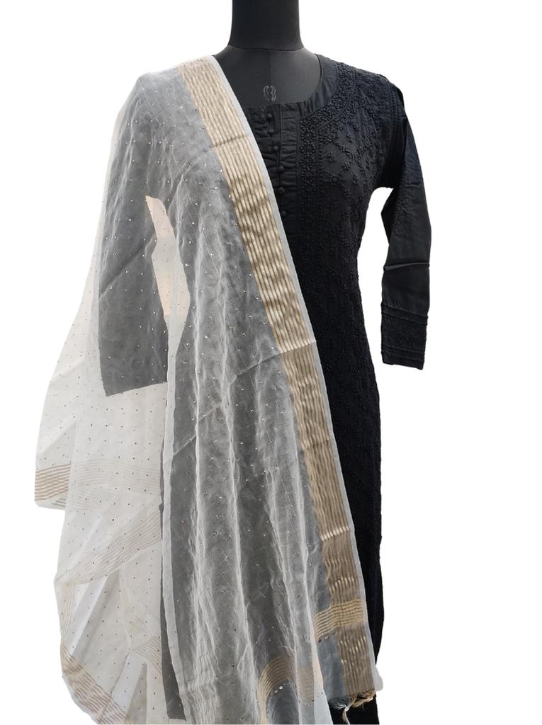 Shyamal Chikan Hand Embroidered White Organza Lucknowi Dupatta with Mukaish Work - S12355