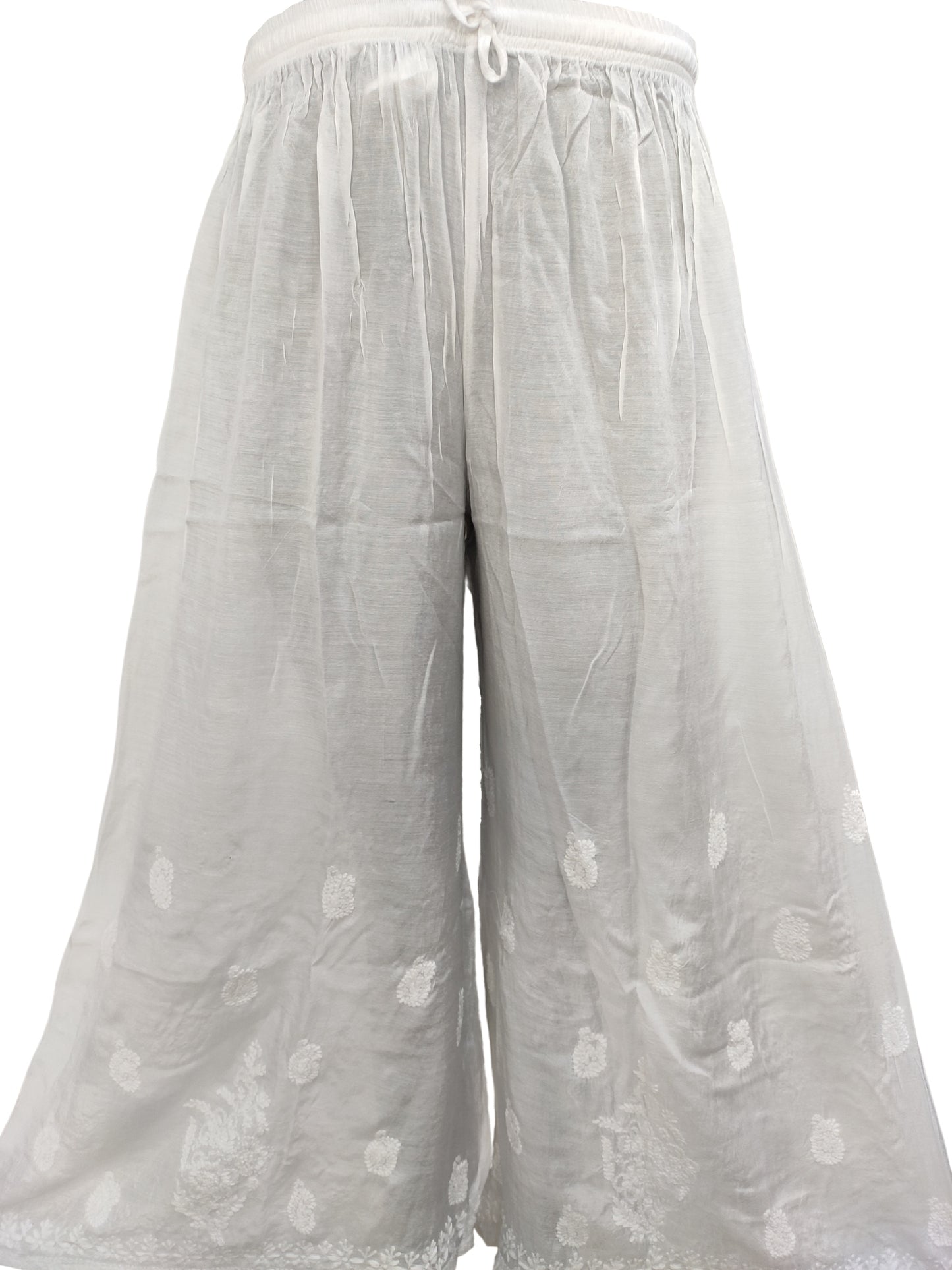 Shyamal Chikan Hand Embroidered White Santoon Lucknowi Chikankari Women's Sharara – S9672