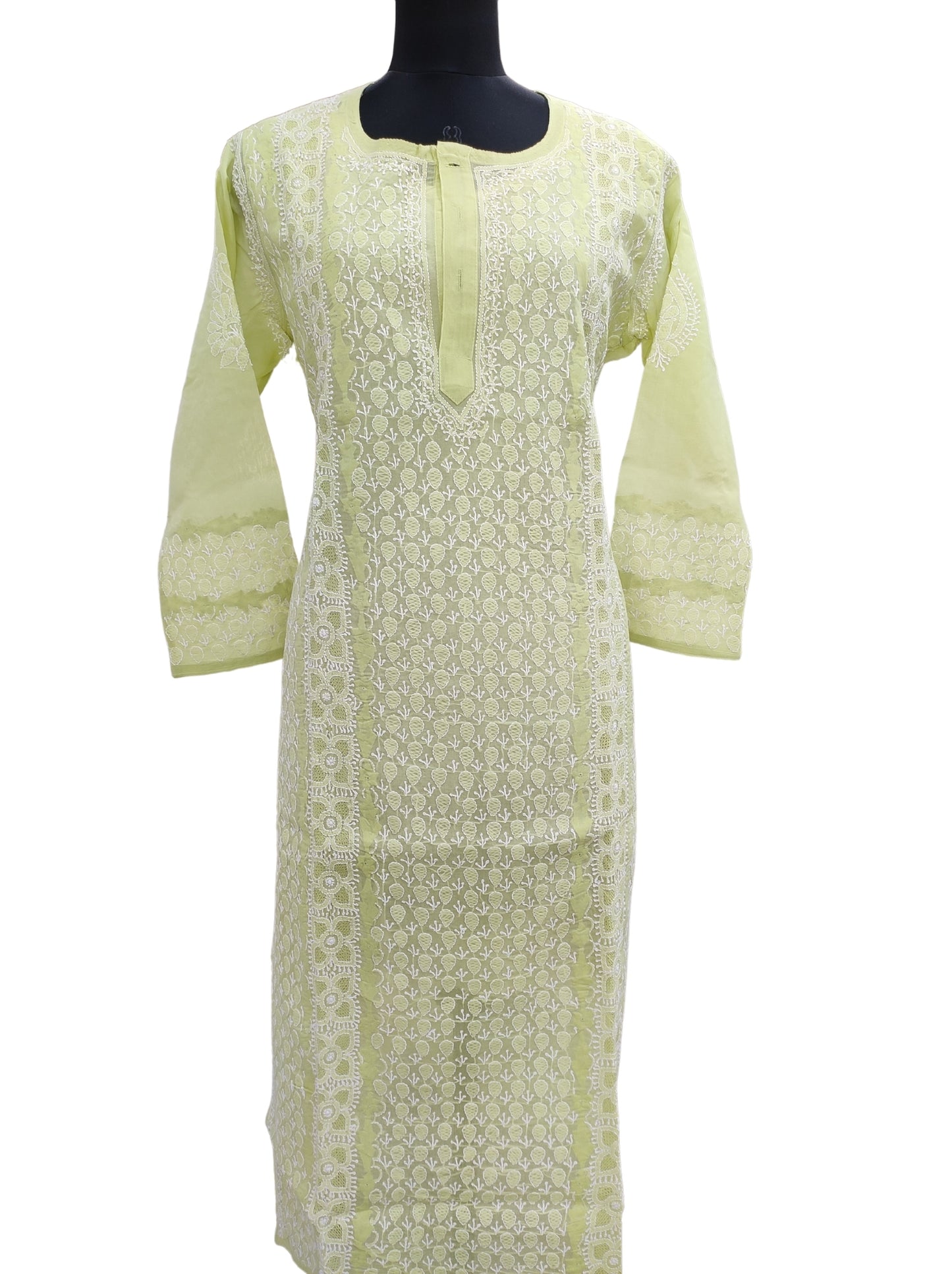 Shyamal Chikan Hand Embroidered Mint Green Cotton Lucknowi Chikankari Kurti With Daraz And Jaali Work- S12314