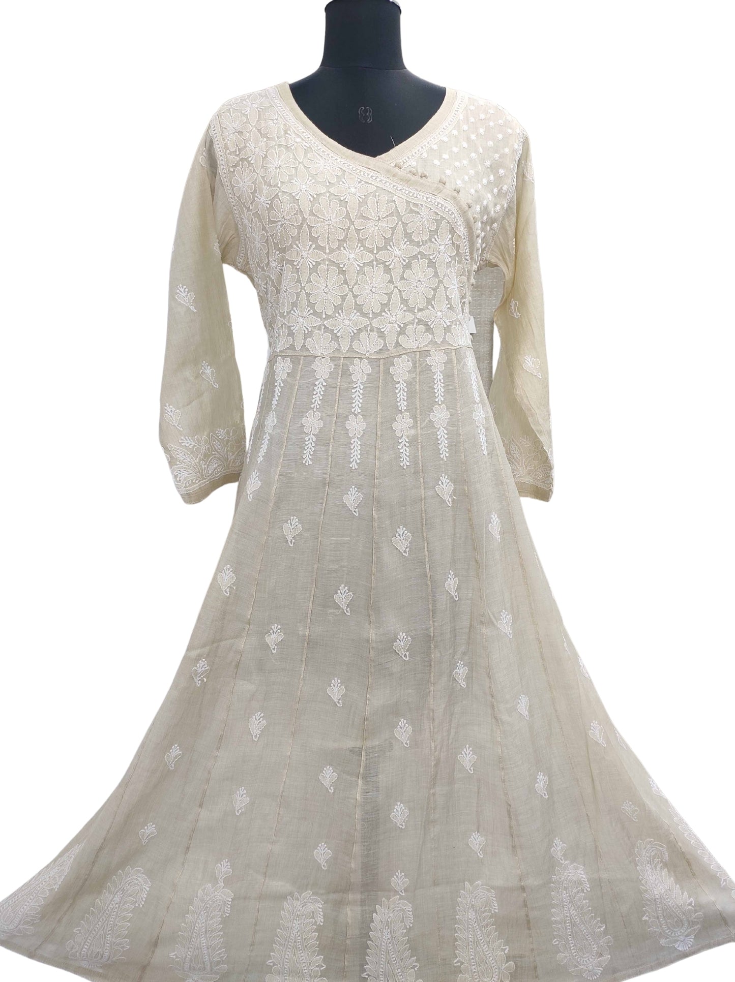 Shyamal Chikan Hand Embroidered Beige Chanderi Lucknowi Chikankari Angrakha Anarkali - S11475