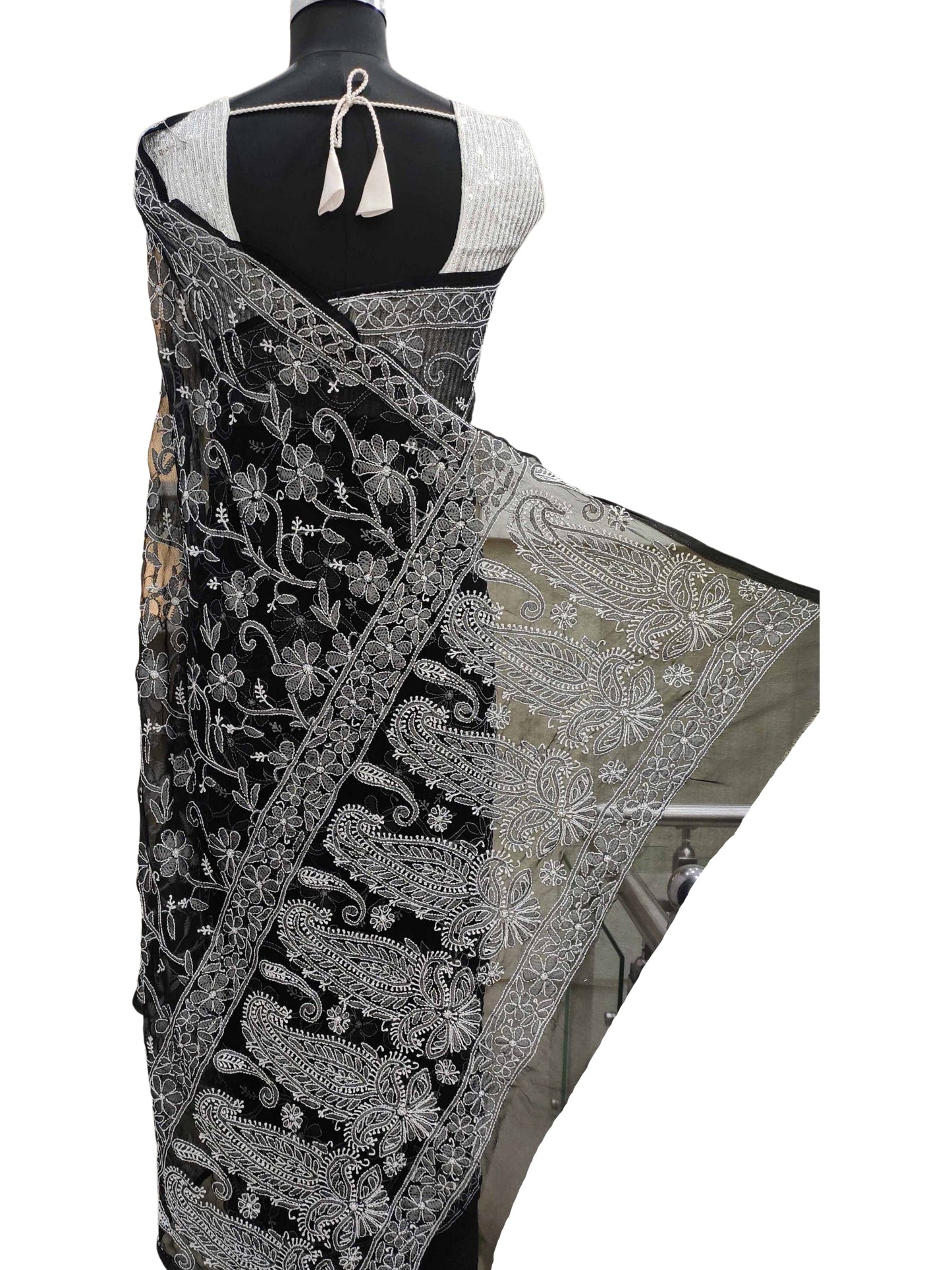 Shyamal Chikan Hand Embroidered Black Georgette Lucknowi Chikankari Shoulder Jaal Saree With Blouse Piece - S11684