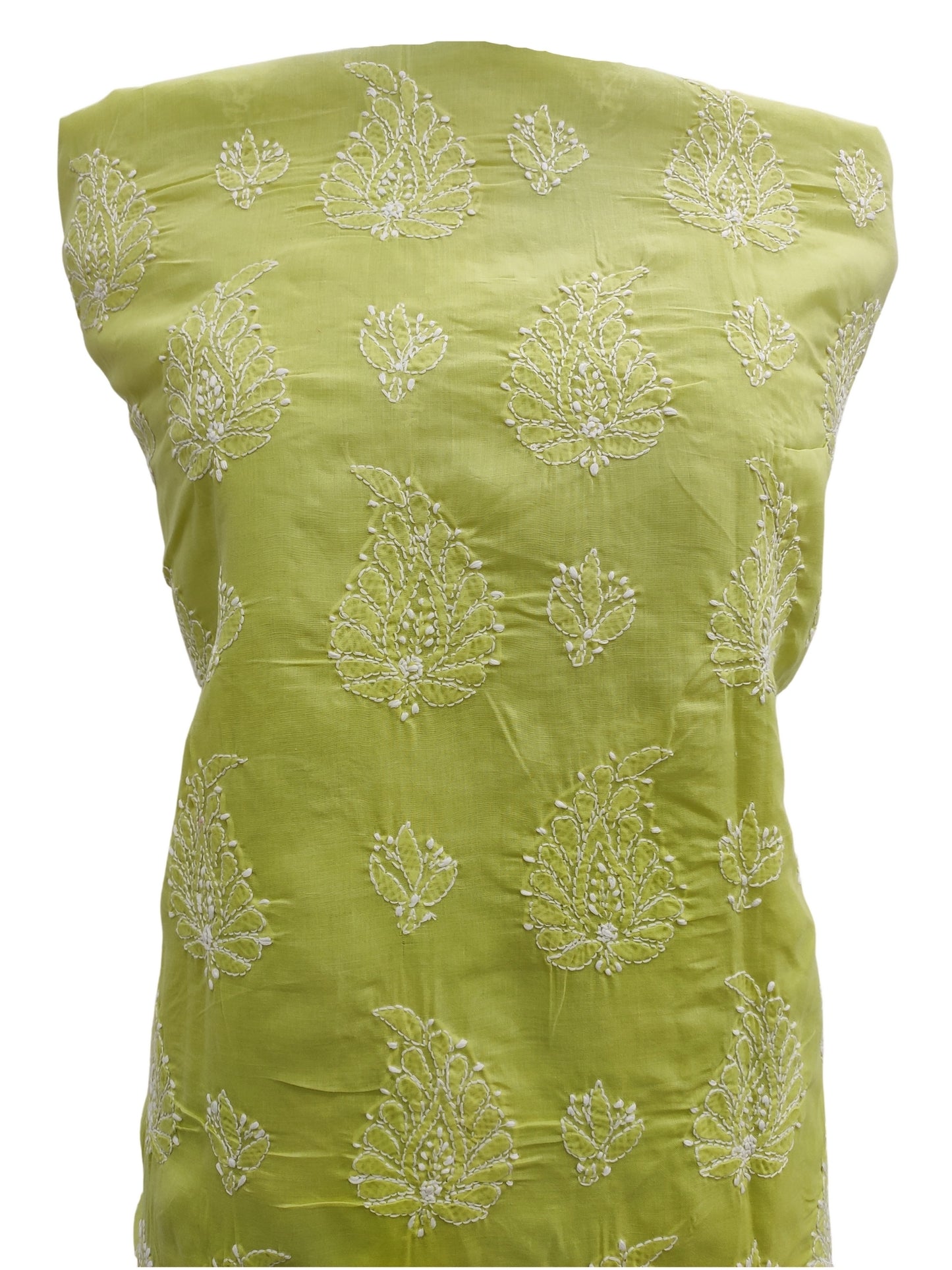 Shyamal Chikan Hand Embroidered Green Cotton Lucknowi Chikankari Unstitched Kurta Piece - S10807
