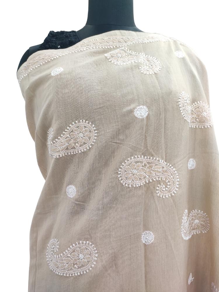 Shyamal Chikan Hand Embroidered Brown Chanderi Lucknowi Chikankari Saree With Blouse Piece - S13499