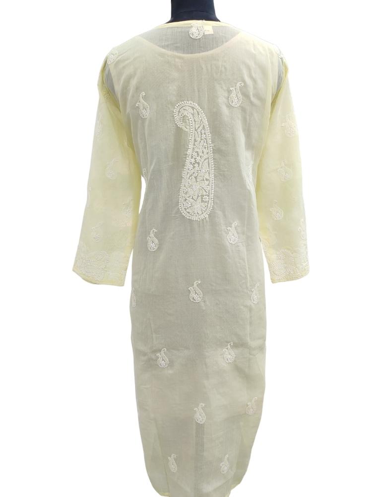 Shyamal Chikan Hand Embroidered Lemon Cotton Lucknowi Chikankari Kurti- S5305