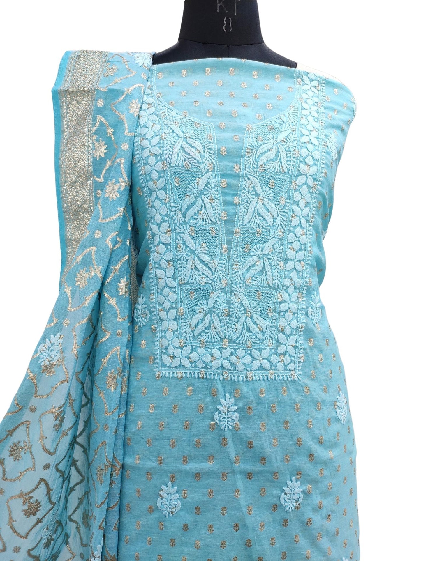 Shyamal Chikan Hand Embroidered Blue Chanderi Lucknowi Chikankari Unstitched Suit Piece ( Kurta Dupatta Set ) S19934
