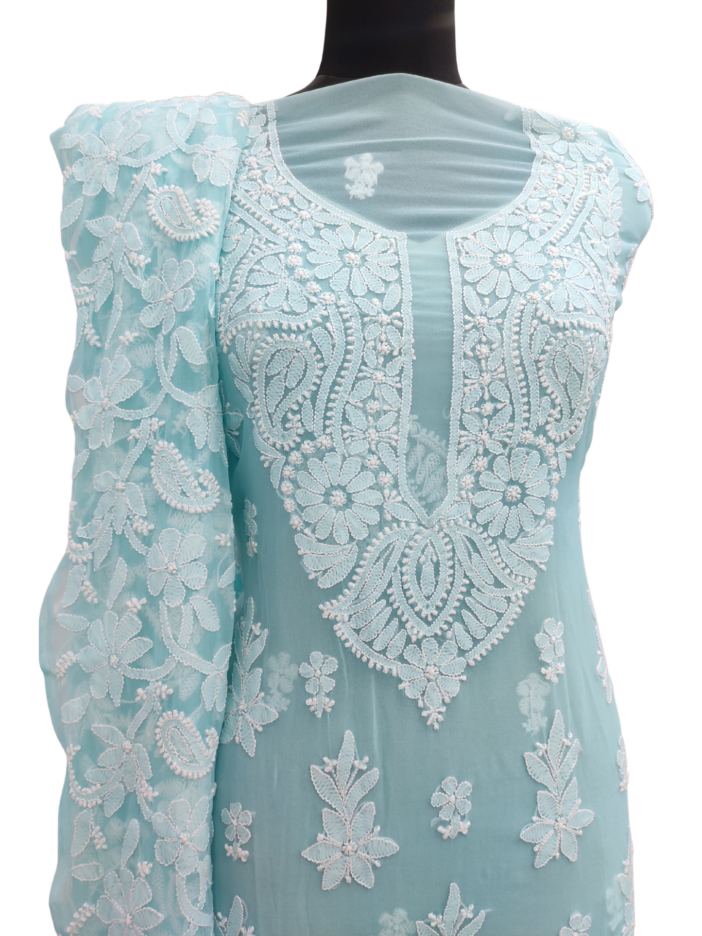 Shyamal Chikan Hand Embroidered Light Blue High Quality Georgette Lucknowi Chikankari Unstitched Suit Piece With Full Jaal Dupatta - S12588 - Shyamal Chikan