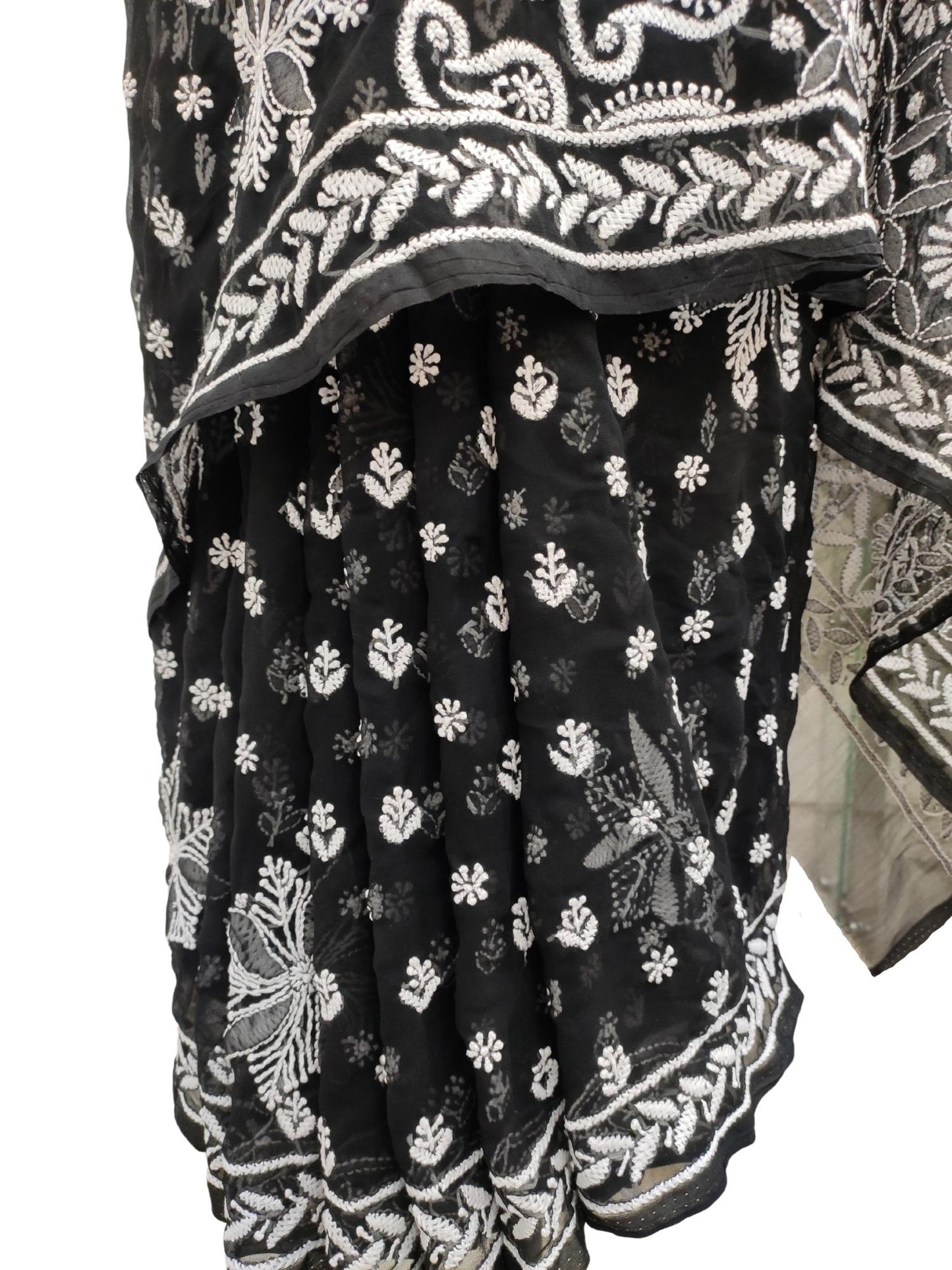 Shyamal Chikan Hand Embroidered Black Georgette Lucknowi Chikankari Full Jaal Saree With Blouse Piece - S13862
