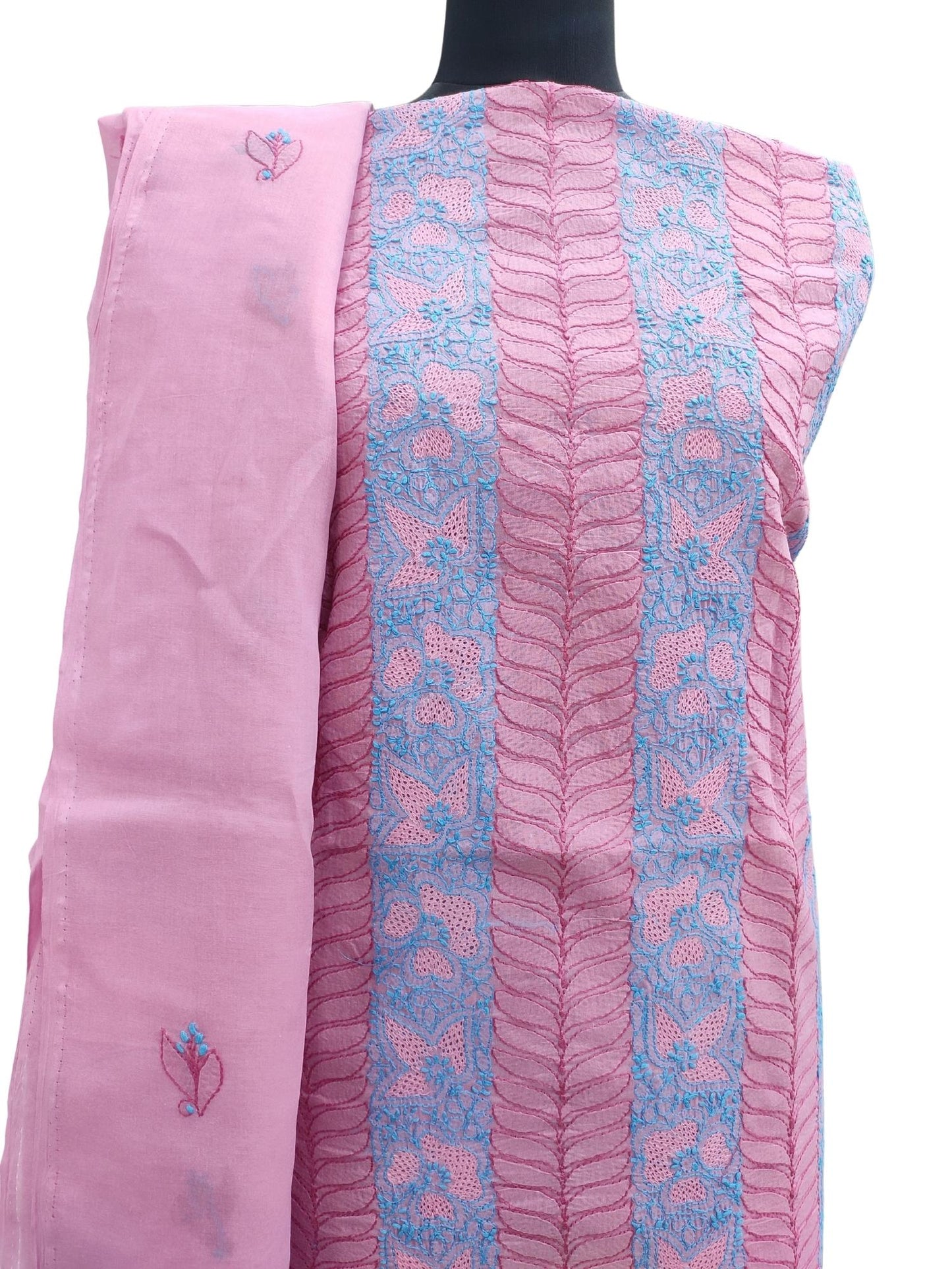 Shyamal Chikan Hand Embroidered Pink Cotton Lucknowi Chikankari Unstitched Suit Piece With Jaali Work - S13263