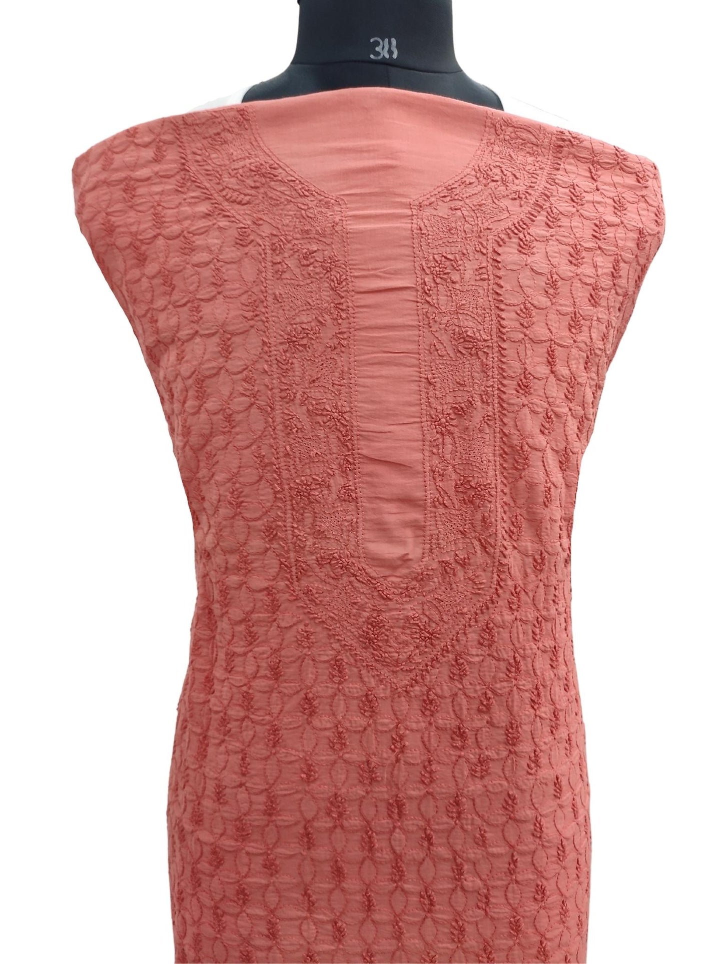 Shyamal Chikan Hand Embroidered Red Malmal cotton Lucknowi Chikankari Unstitched Men's Kurta Piece – S9615