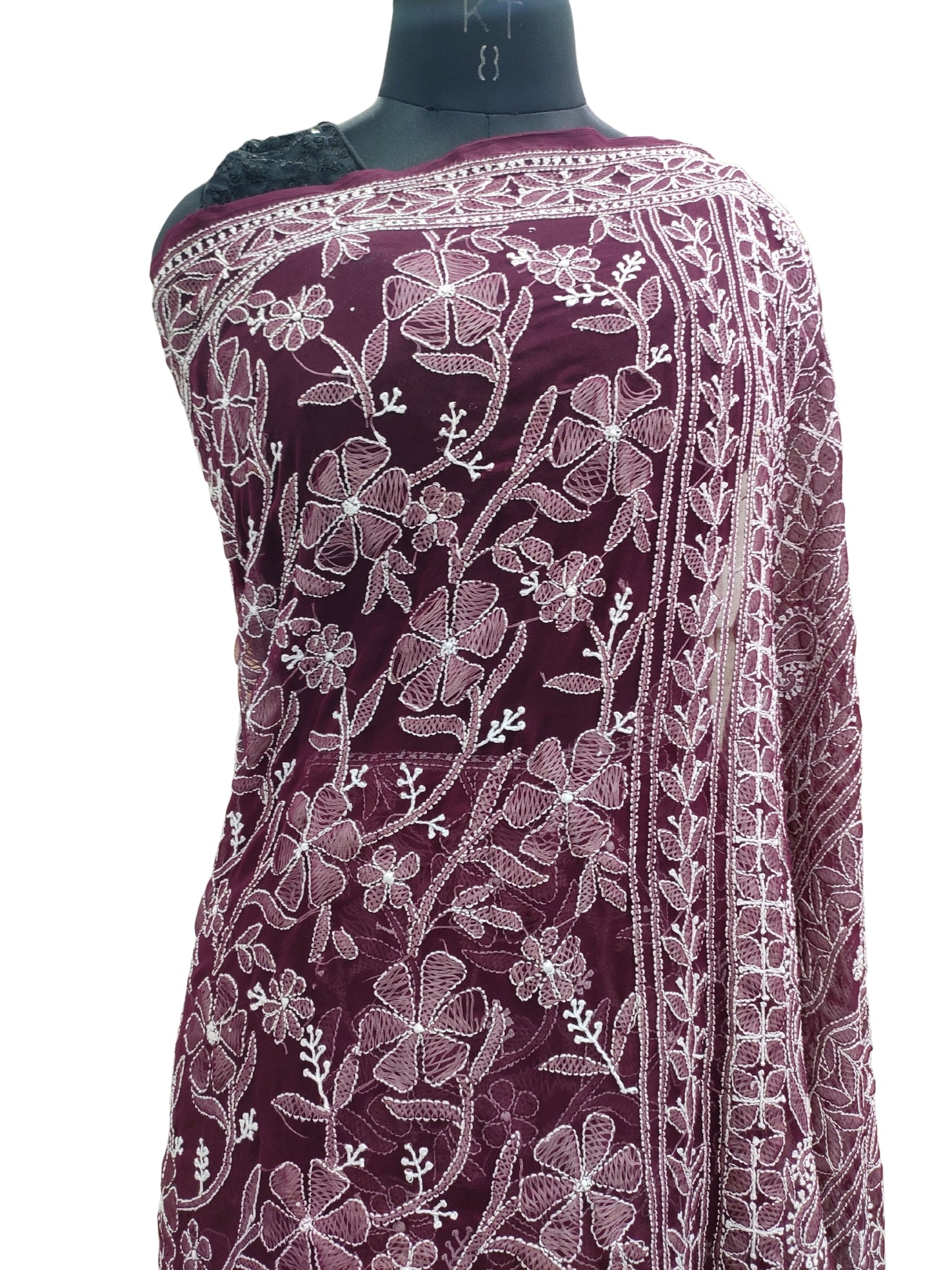 Shyamal Chikan Hand Embroidered Wine Georgette Lucknowi Chikankari Full Jaal Saree With Blouse Piece - S19794