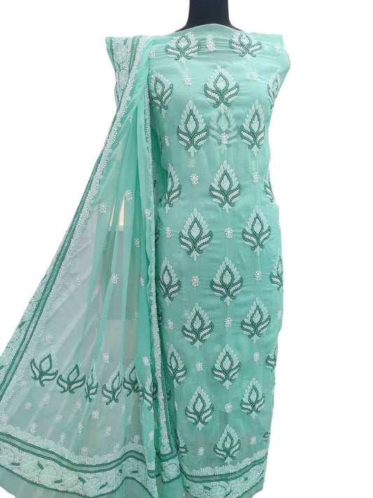 Shyamal Chikan Hand Embroidered Green High Quality Georgette Lucknowi Chikankari Unstitched Suit Piece With Four Side Border Dupatta - S11421