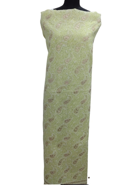 Shyamal Chikan Hand Embroidered Green Cotton Lucknowi Chikankari Unstitched Kurta Piece With Gotta Patti Work- S8151