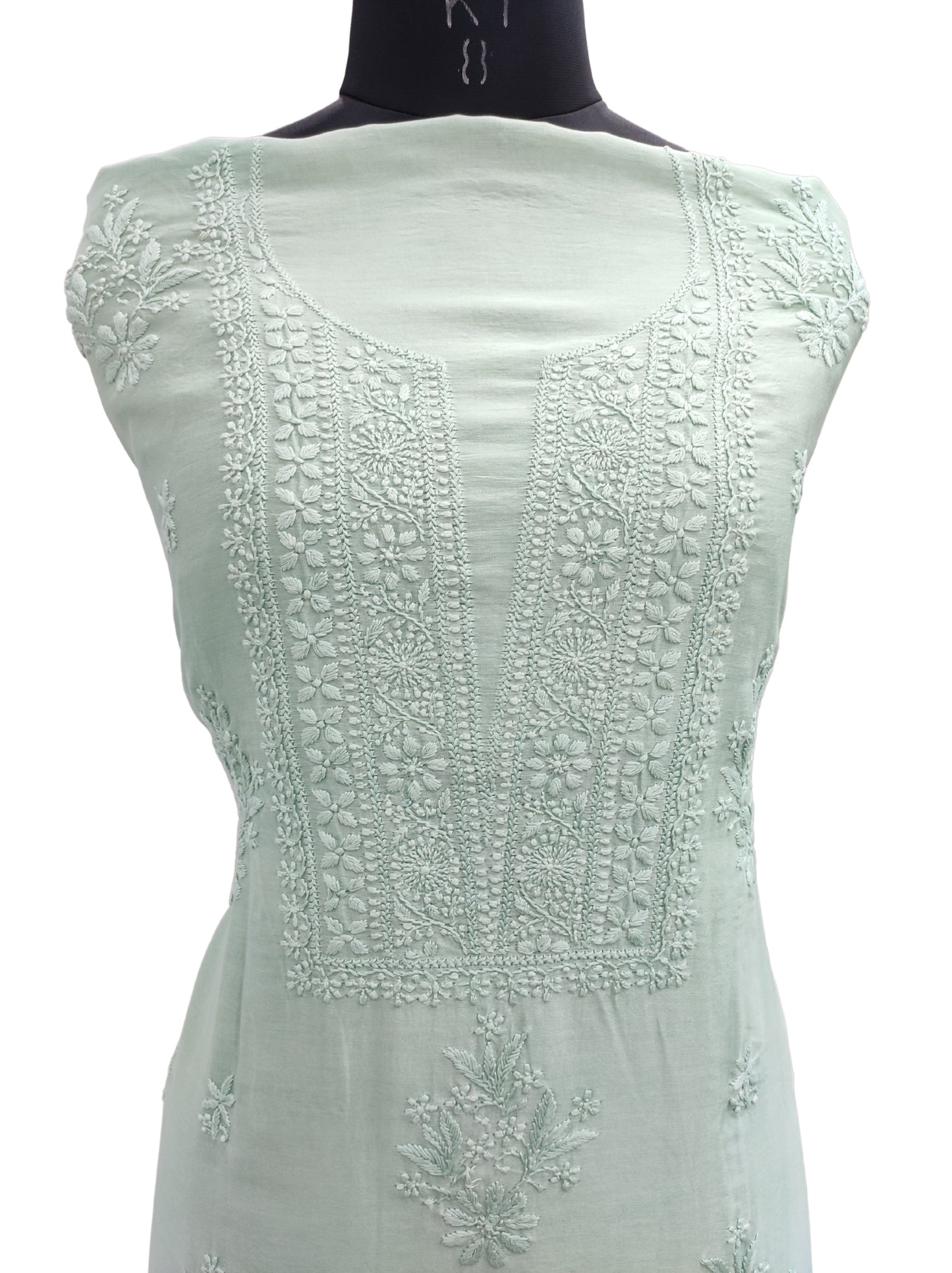 Shyamal Chikan Hand Embroidered Green Chanderi Silk Lucknowi Chikankari Unstitched Kurta Piece - S12468 - Shyamal Chikan