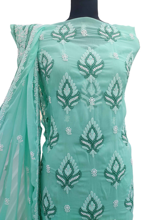 Shyamal Chikan Hand Embroidered Green High Quality Georgette Lucknowi Chikankari Unstitched Suit Piece With Four Side Border Dupatta - S11421