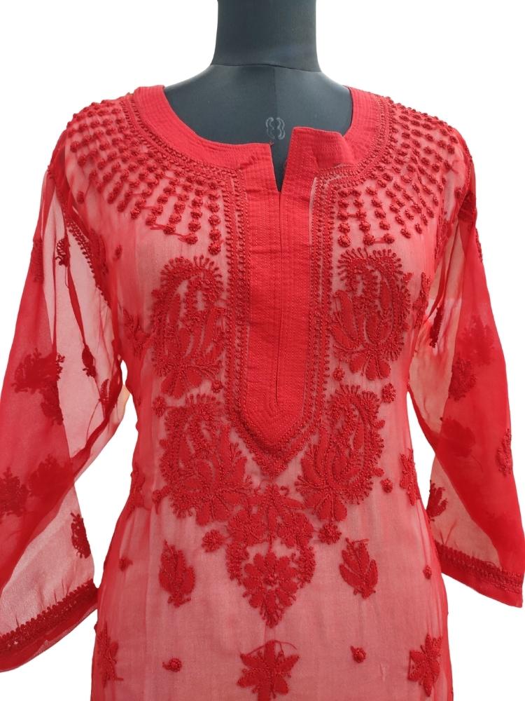 Shyamal Chikan Hand Embroidered Red Georgette Lucknowi Chikankari Kurti - S12539