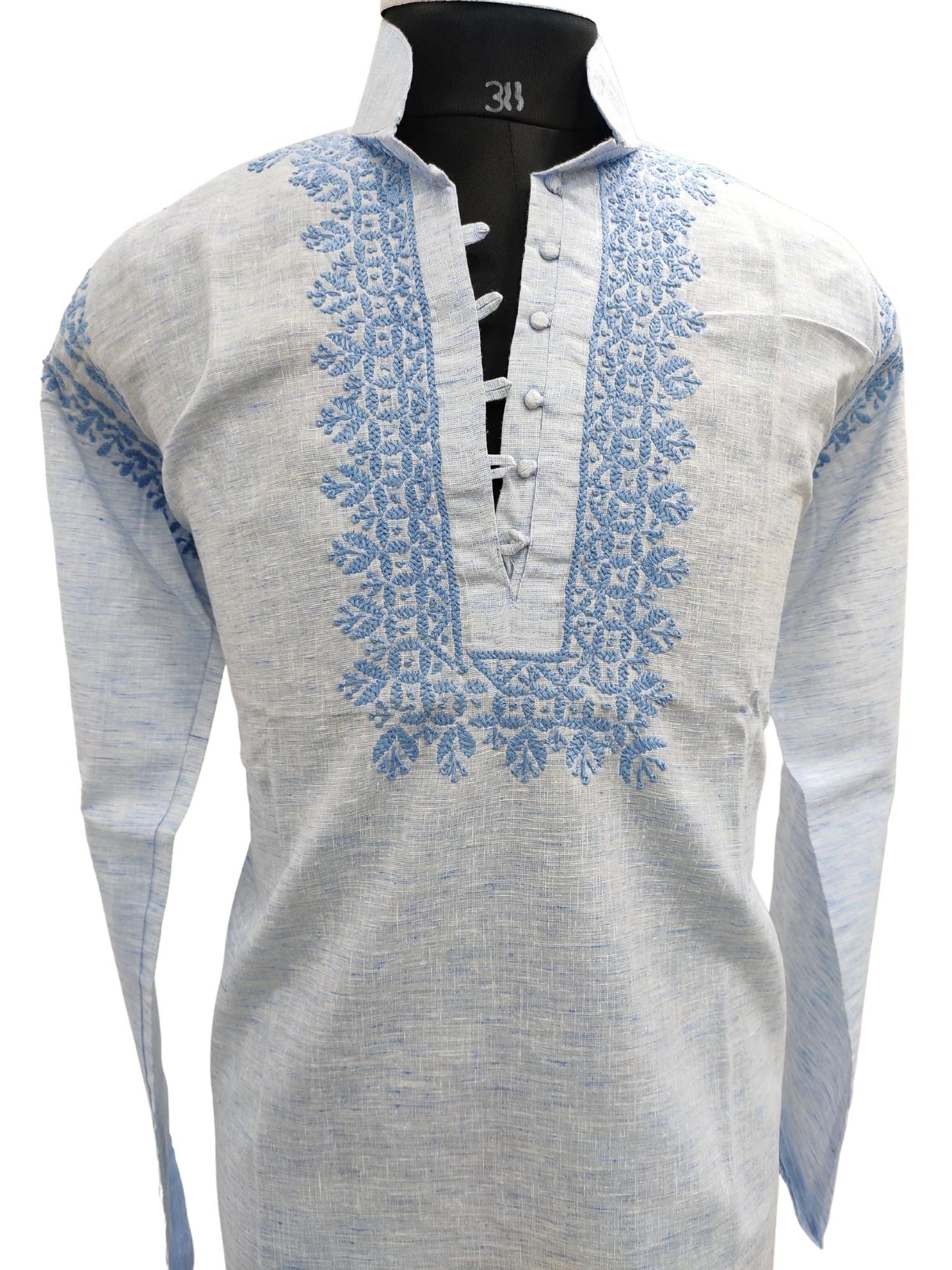 Shyamal Chikan Hand Embroidered Blue Cotton Lucknowi Chikankari Men's Kurta – S1386