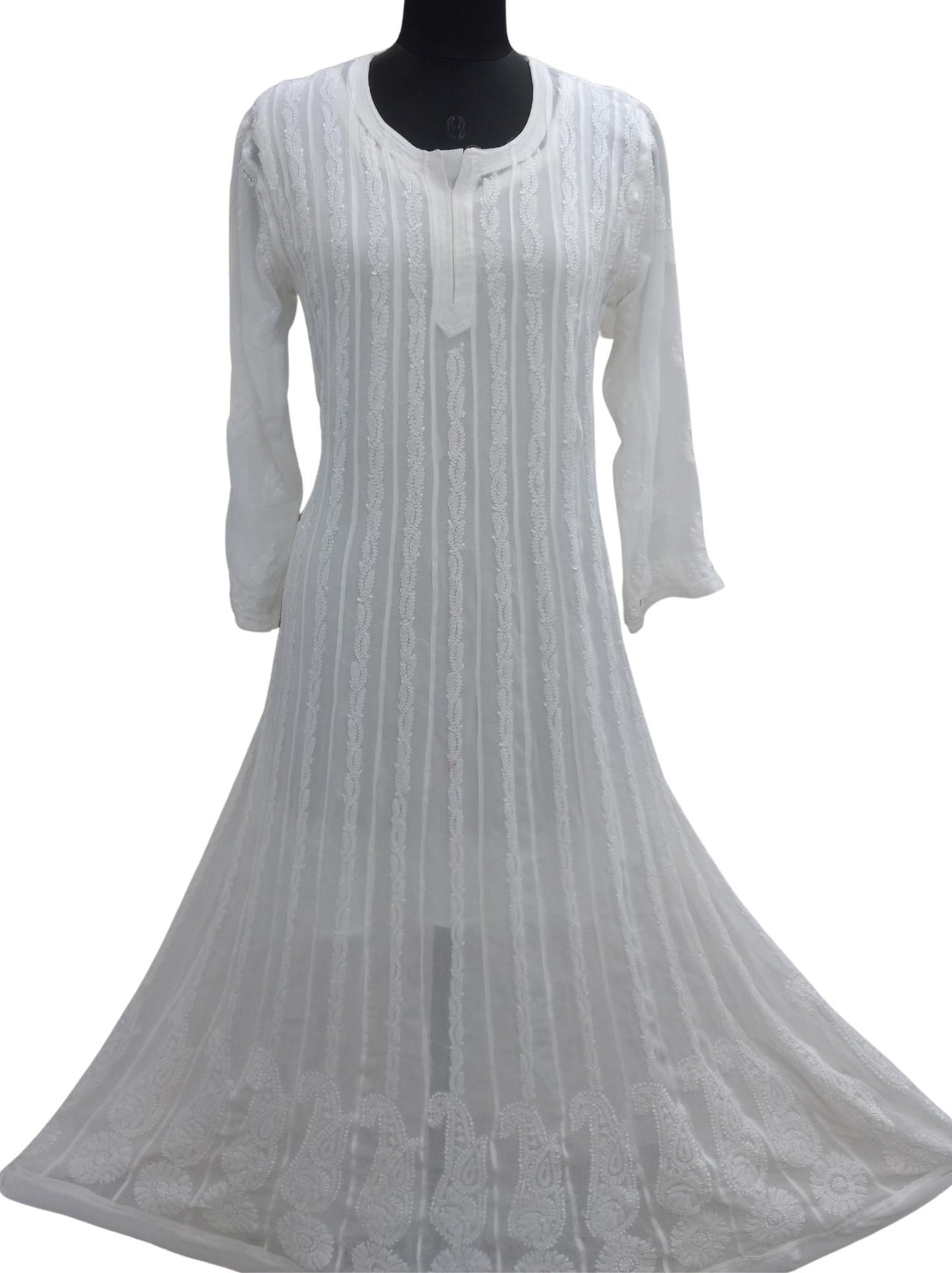 Shyamal Chikan Hand Embroidered White Georgette Lucknowi Chikankari Anarkali - S8915