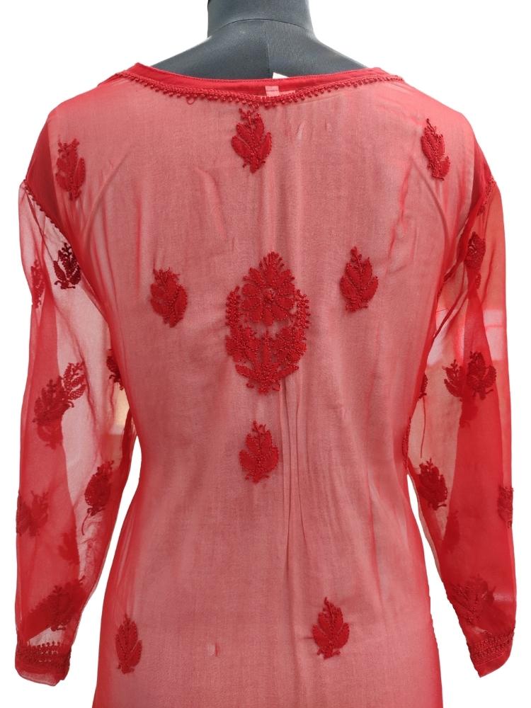 Shyamal Chikan Hand Embroidered Red Georgette Lucknowi Chikankari Kurti - S12539