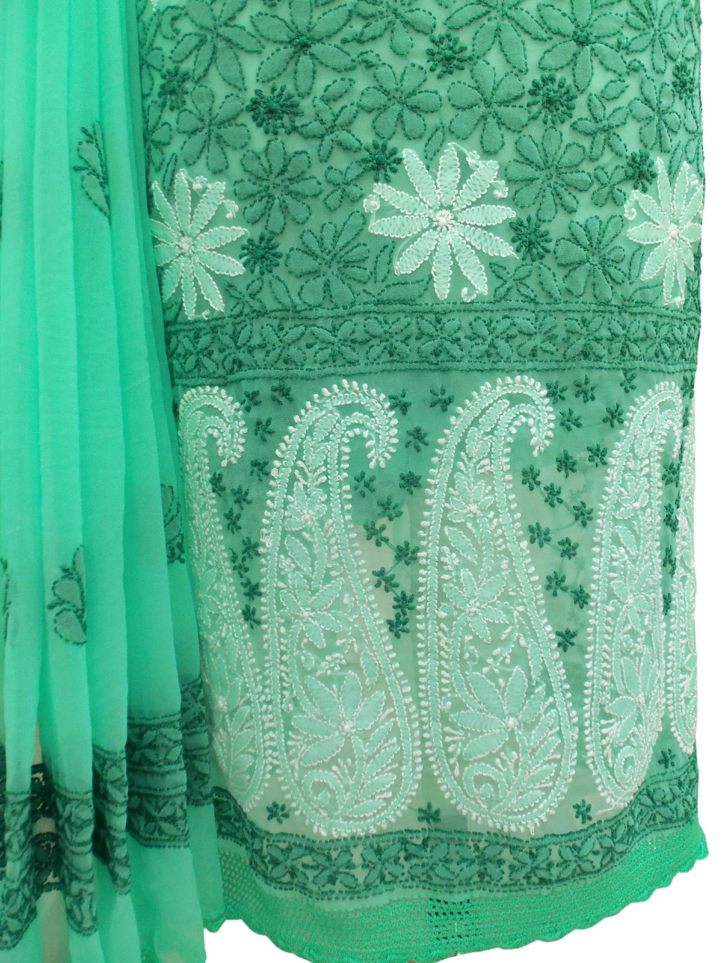 Shyamal Chikan Hand Embroidered Green Georgette Lucknowi Chikankari Unstitched Suit Piece With Crosia Work - S3713