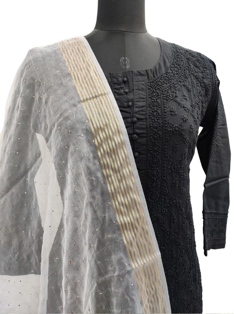 Shyamal Chikan Hand Embroidered White Organza Lucknowi Dupatta with Mukaish Work - S12355