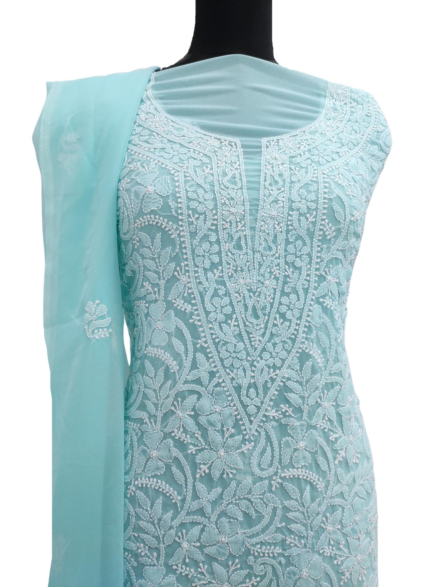 Shyamal Chikan Hand Embroidered Blue High Quality Georgette Lucknowi Chikankari Unstitched Suit Piece - S16169