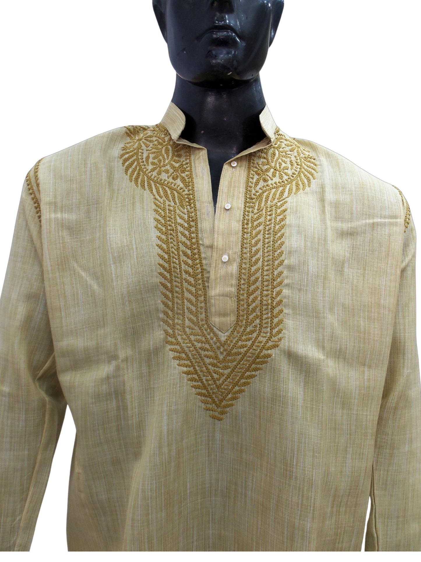 Shyamal Chikan Hand Embroidered Beige Cotton Lucknowi Chikankari Men's Kurta – S4991
