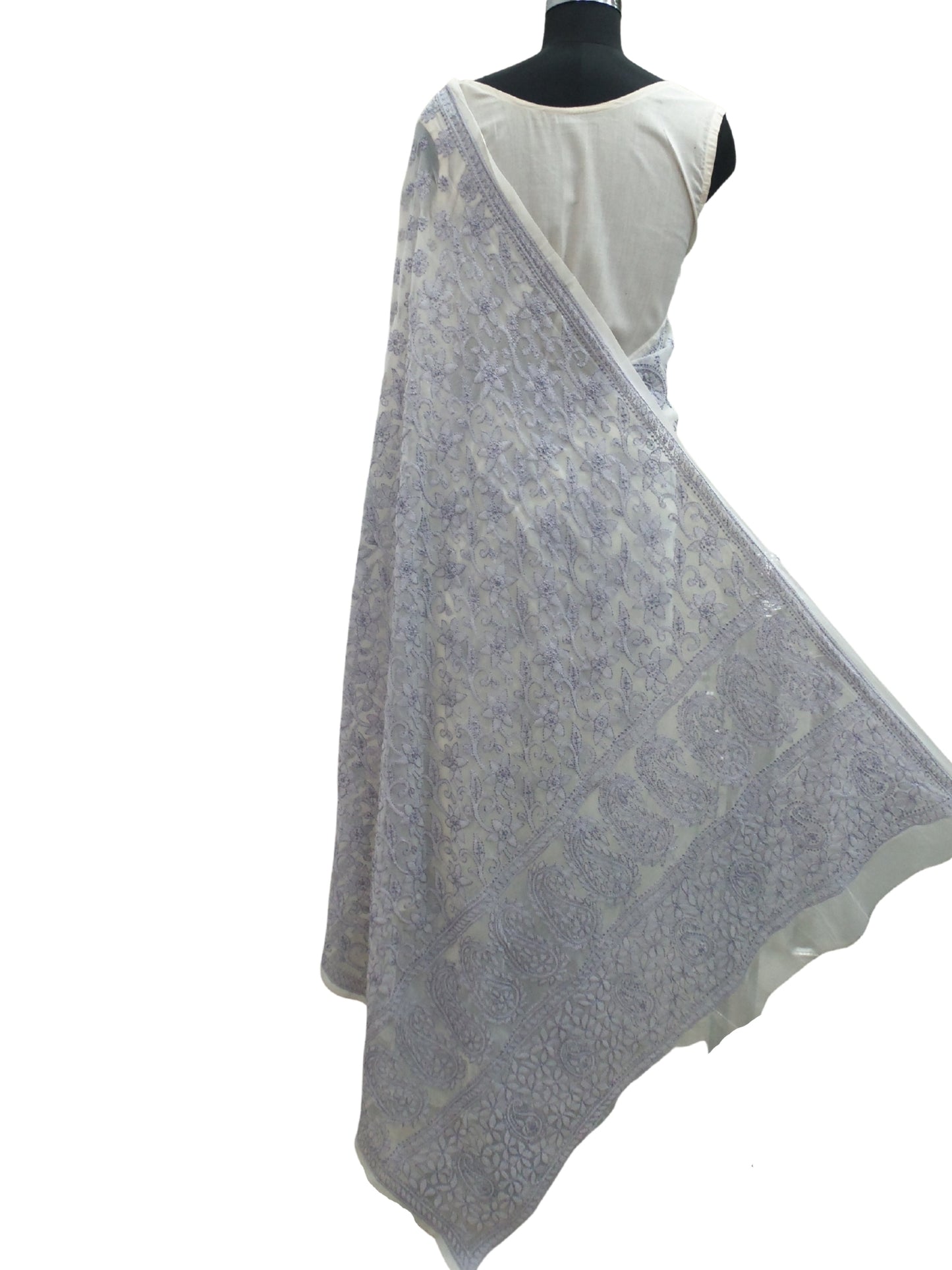 Shyamal Chikan Hand Embroidered White Georgette Lucknowi Chikankari Skirt Saree With Blouse Piece- S500