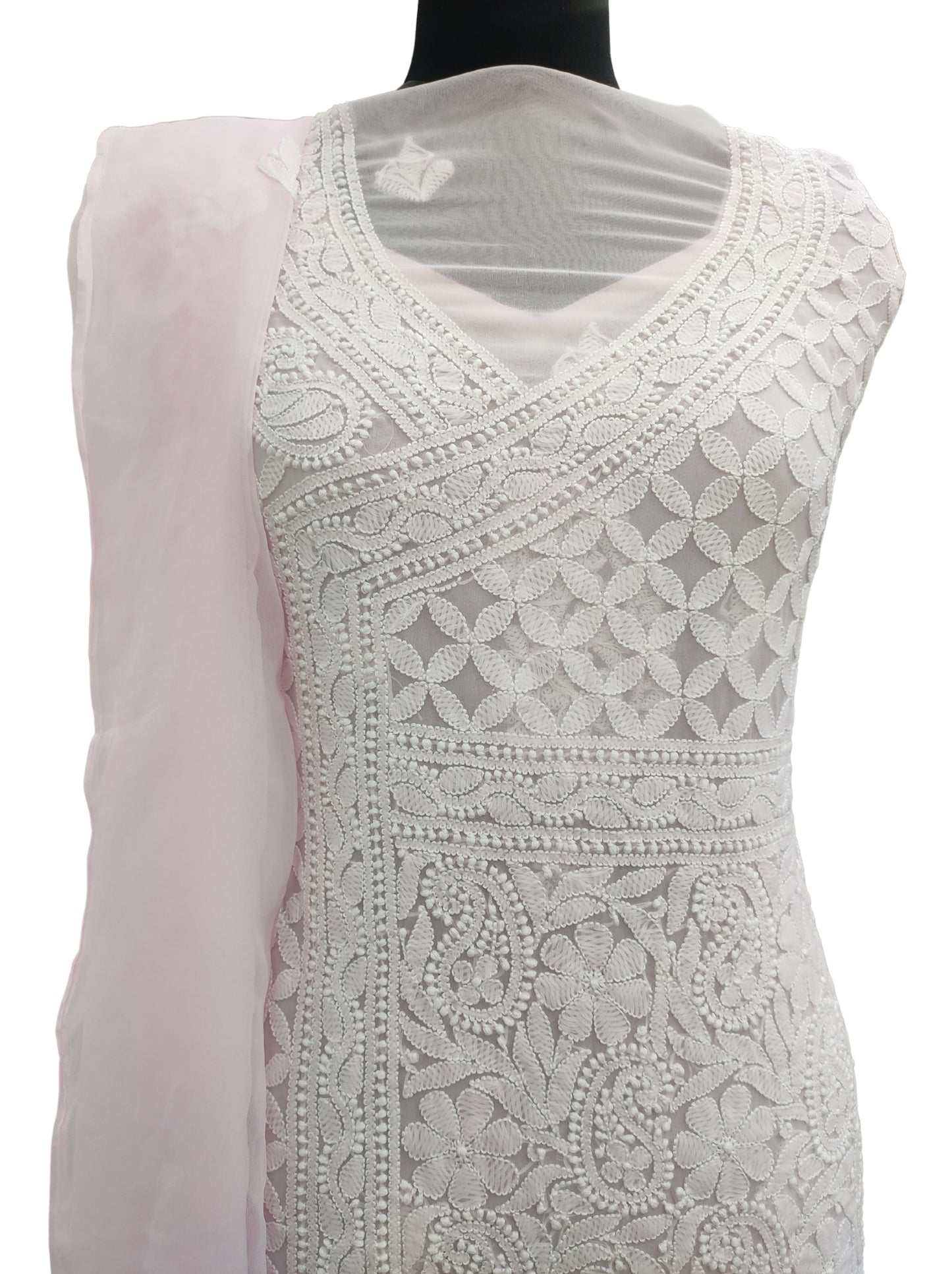 Shyamal Chikan Hand Embroidered Pink Georgette Lucknowi Chikankari Unstitched Suit Piece - S12571 - Shyamal Chikan