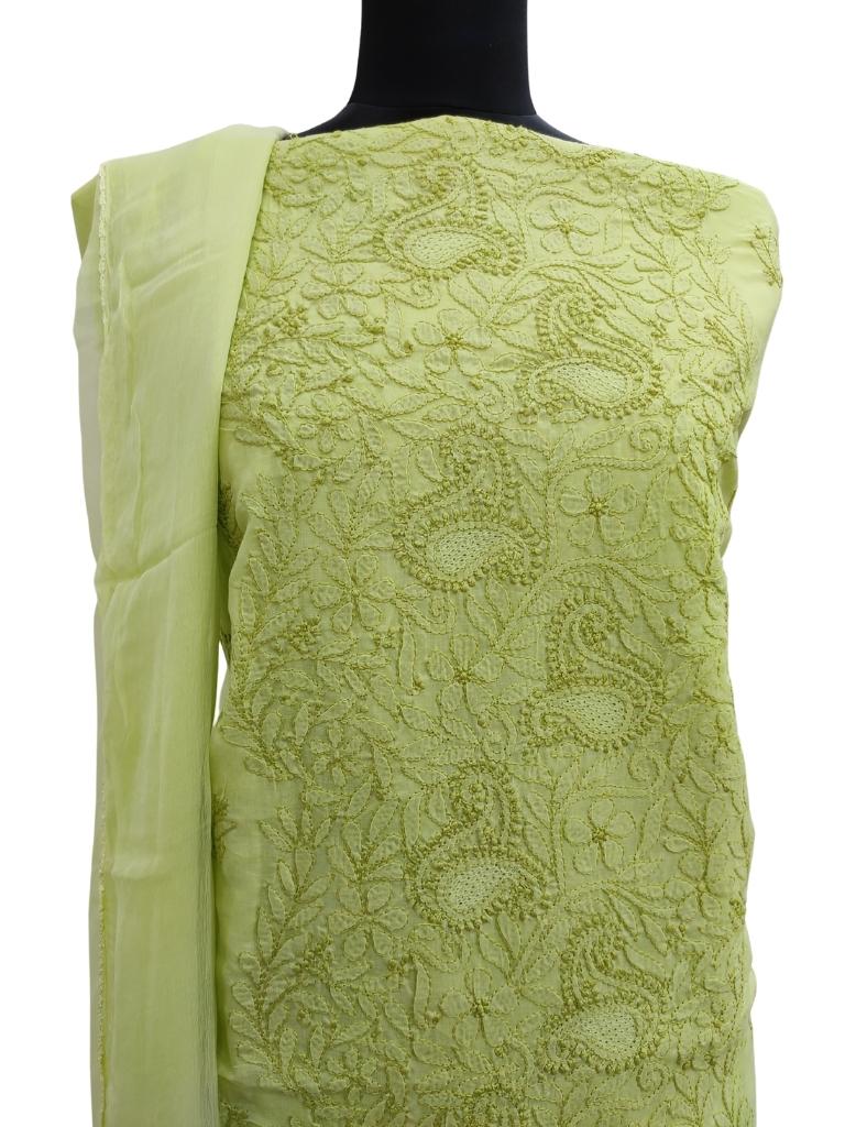 Shyamal Chikan Hand Embroidered Green Cotton Lucknowi Chikankari Unstitched Suit Piece - S14360