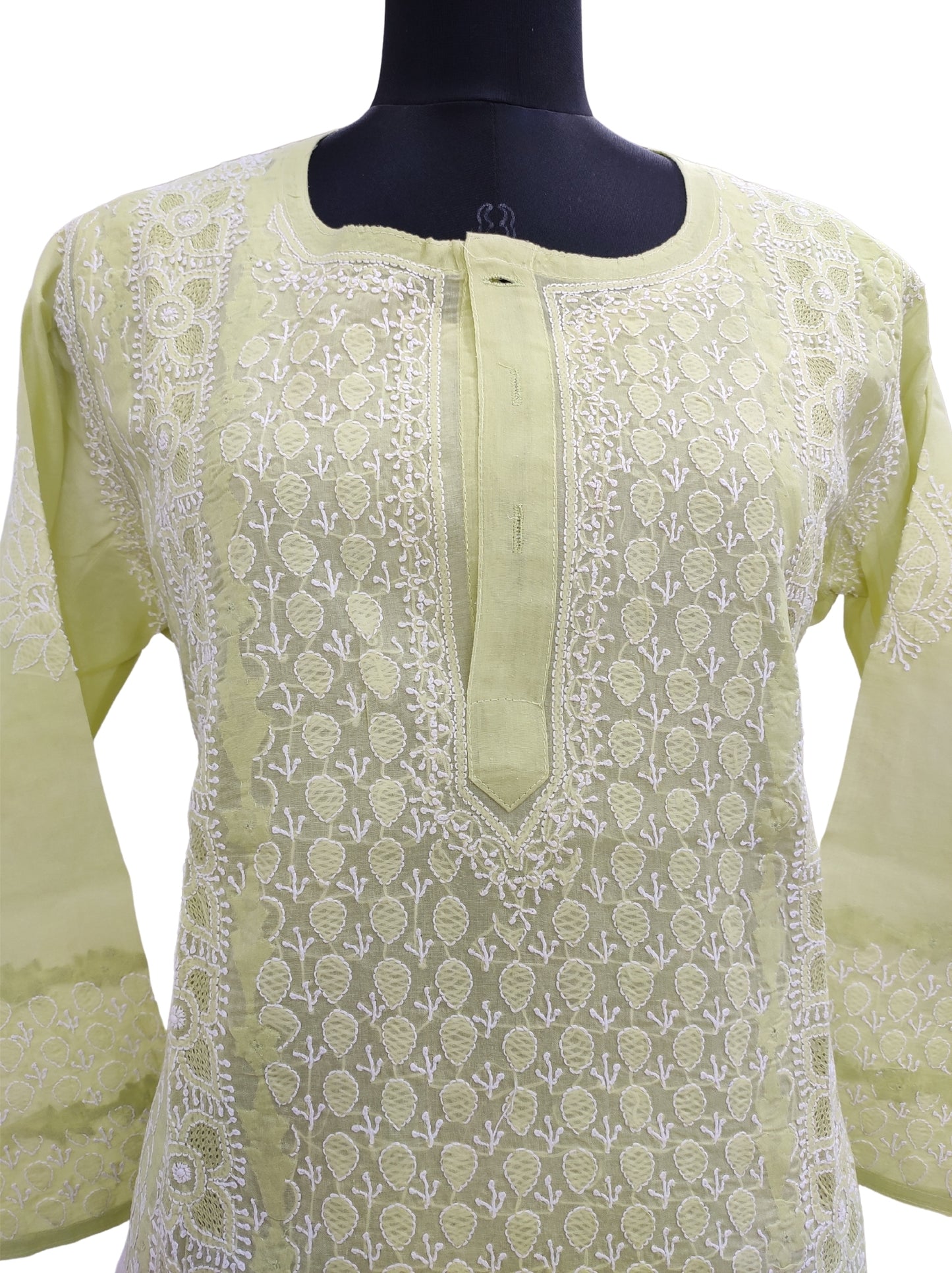 Shyamal Chikan Hand Embroidered Mint Green Cotton Lucknowi Chikankari Kurti With Daraz And Jaali Work- S12314