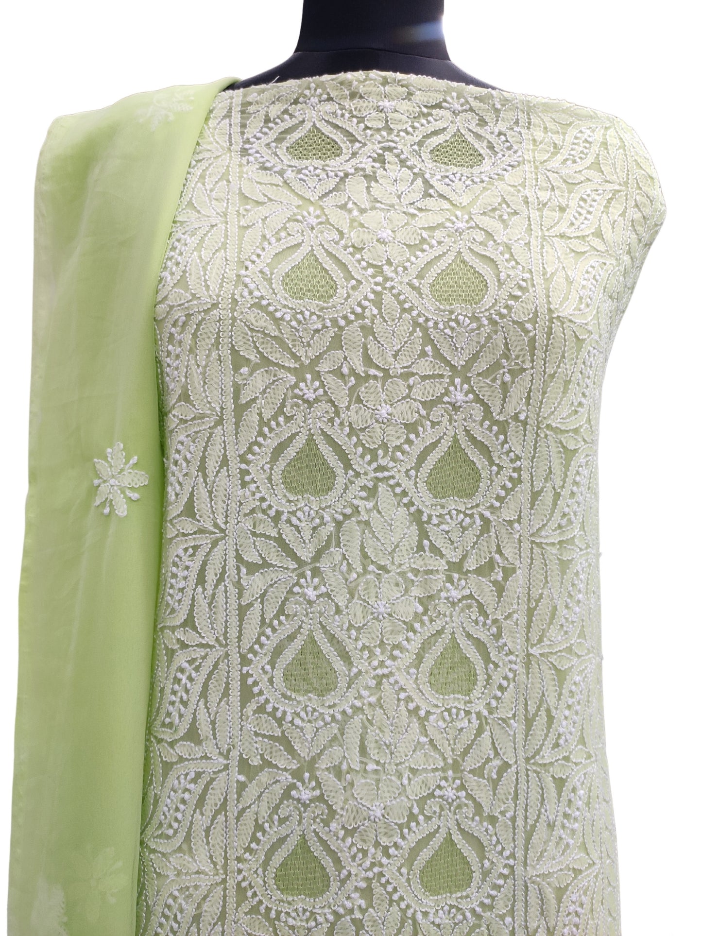 Shyamal Chikan Hand Embroidered Mint Green Georgette Lucknowi Chikankari Unstitched Suit Piece With Jaali Work - S10702