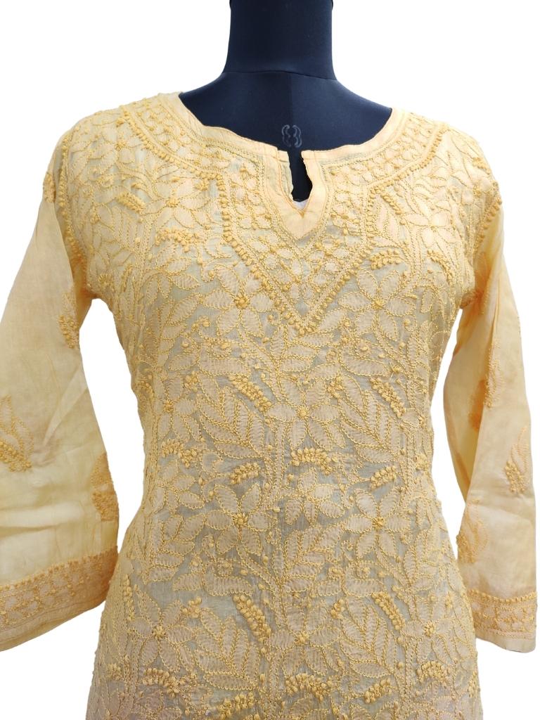 Shyamal Chikan Hand Embroidered Yellow Pure Tusser Silk Lucknowi Chikankari Short Top - S15332