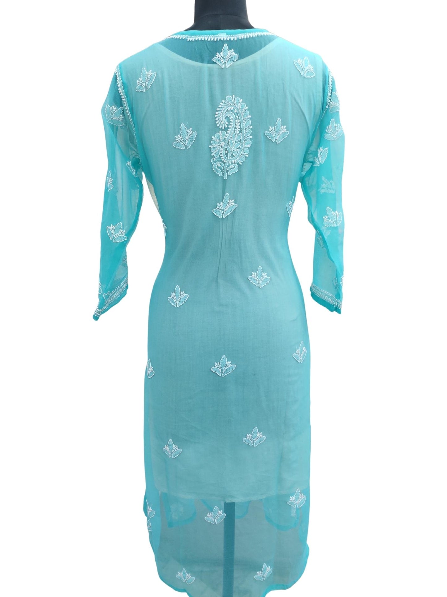Shyamal Chikan Hand Embroidered Blue Georgette Lucknowi Chikankari Kurti - S13749