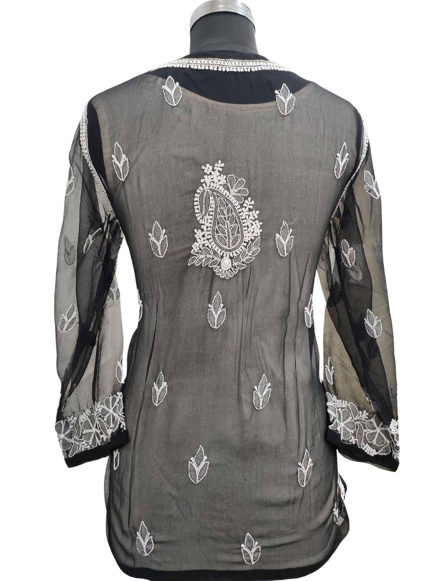 Shyamal Chikan Hand Embroidered Black Georgette Lucknowi Chikankari Short Top- S15713