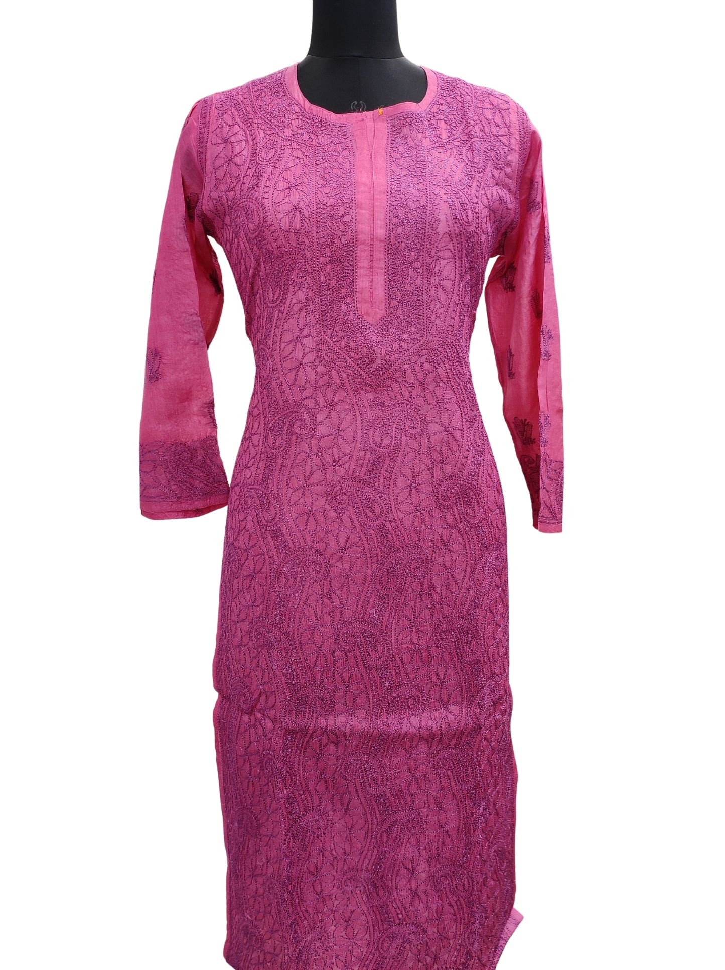 Shyamal Chikan Hand Embroidered Pink Pure Tusser Silk Lucknowi Chikankari Kurti- S12666