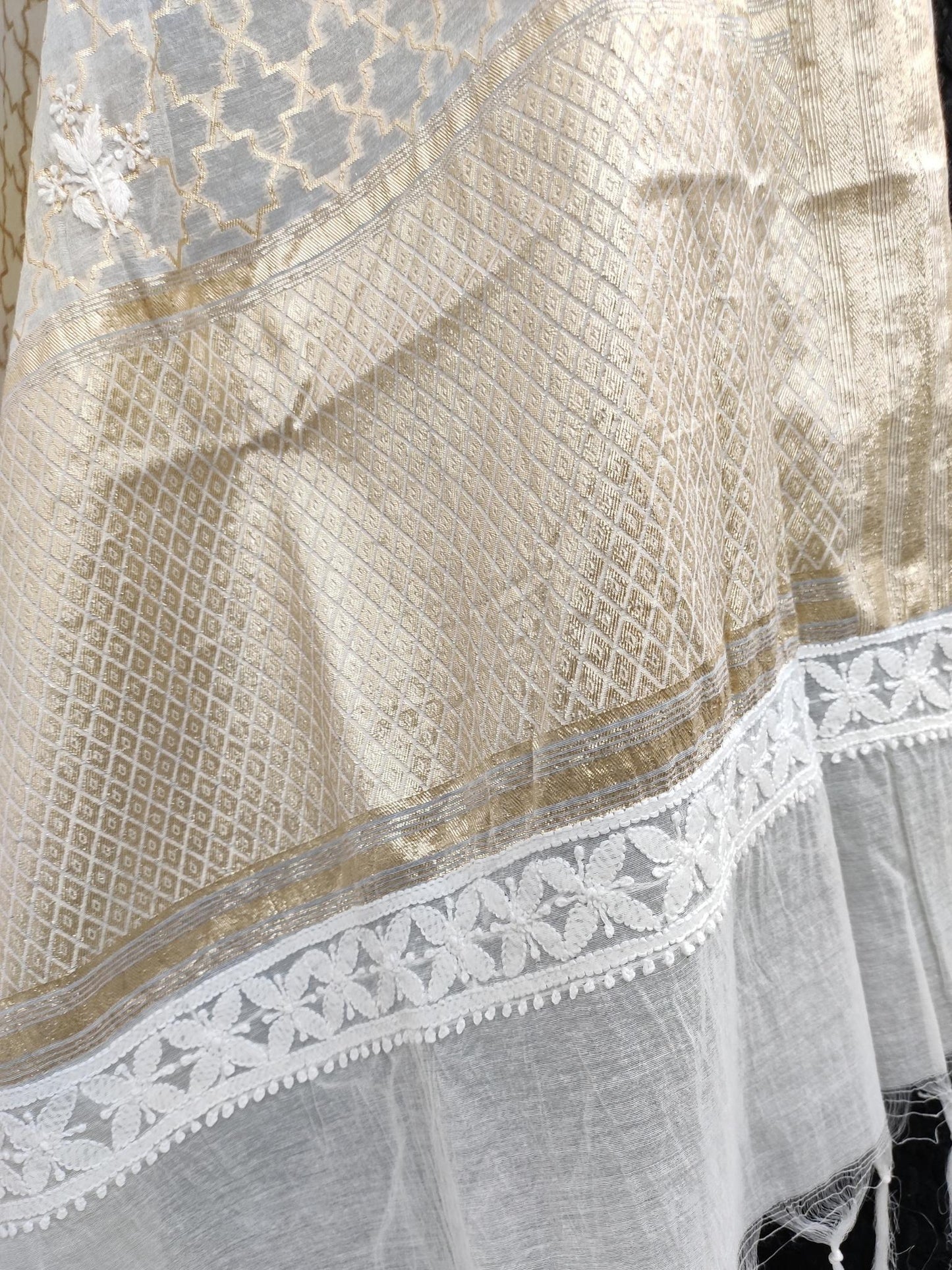 Shyamal Chikan Hand Embroidered Ivory Chanderi Silk Lucknowi Chikankari Dupatta - S15643