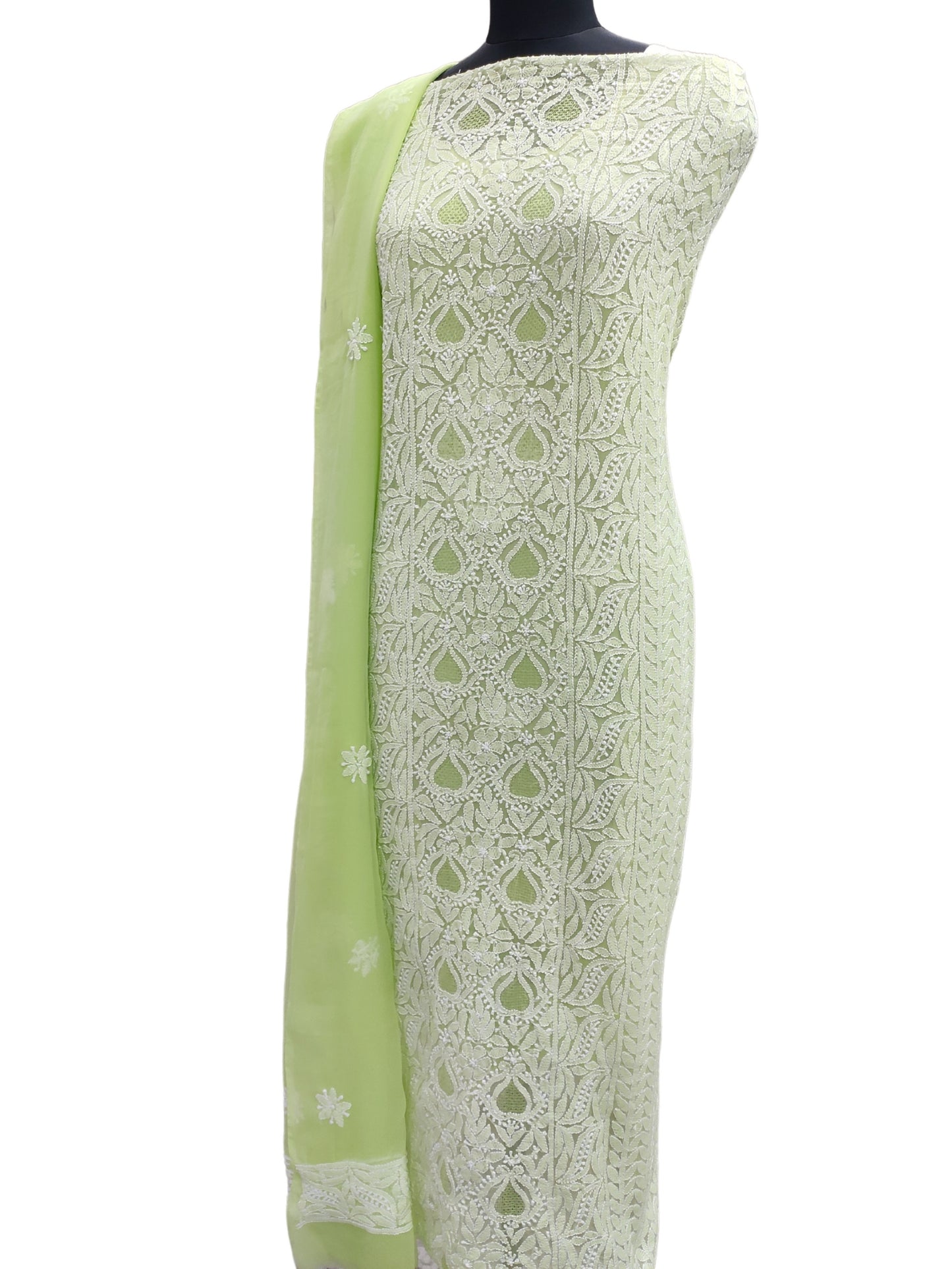 Shyamal Chikan Hand Embroidered Mint Green Georgette Lucknowi Chikankari Unstitched Suit Piece With Jaali Work - S10702