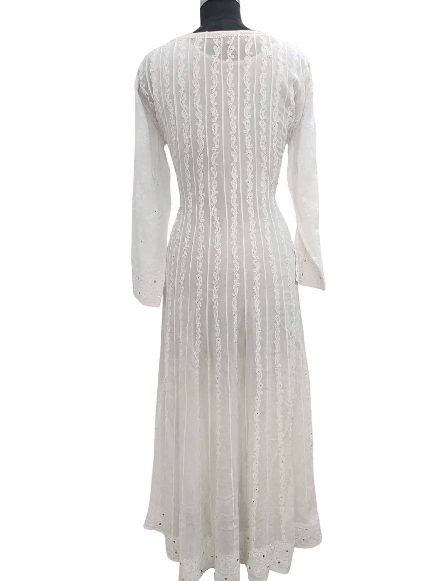 Shyamal Chikan Hand Embroidered White Viscose Georgette Lucknowi Chikankari Anarkali With Mukaish Work - S11650