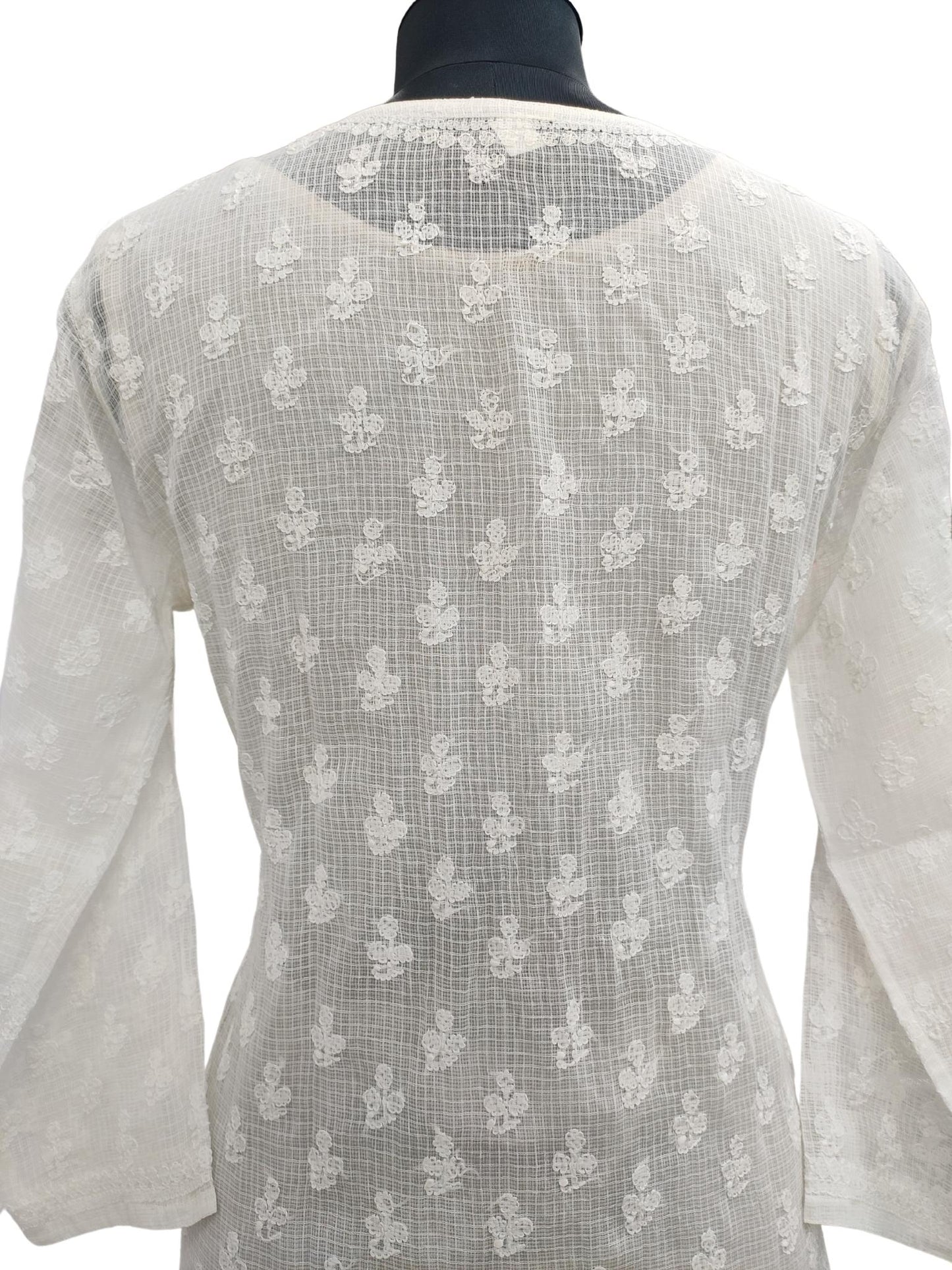 Shyamal Chikan Hand Embroidered White Kota Doria All-Over Lucknowi Chikankari Short Top - S15575