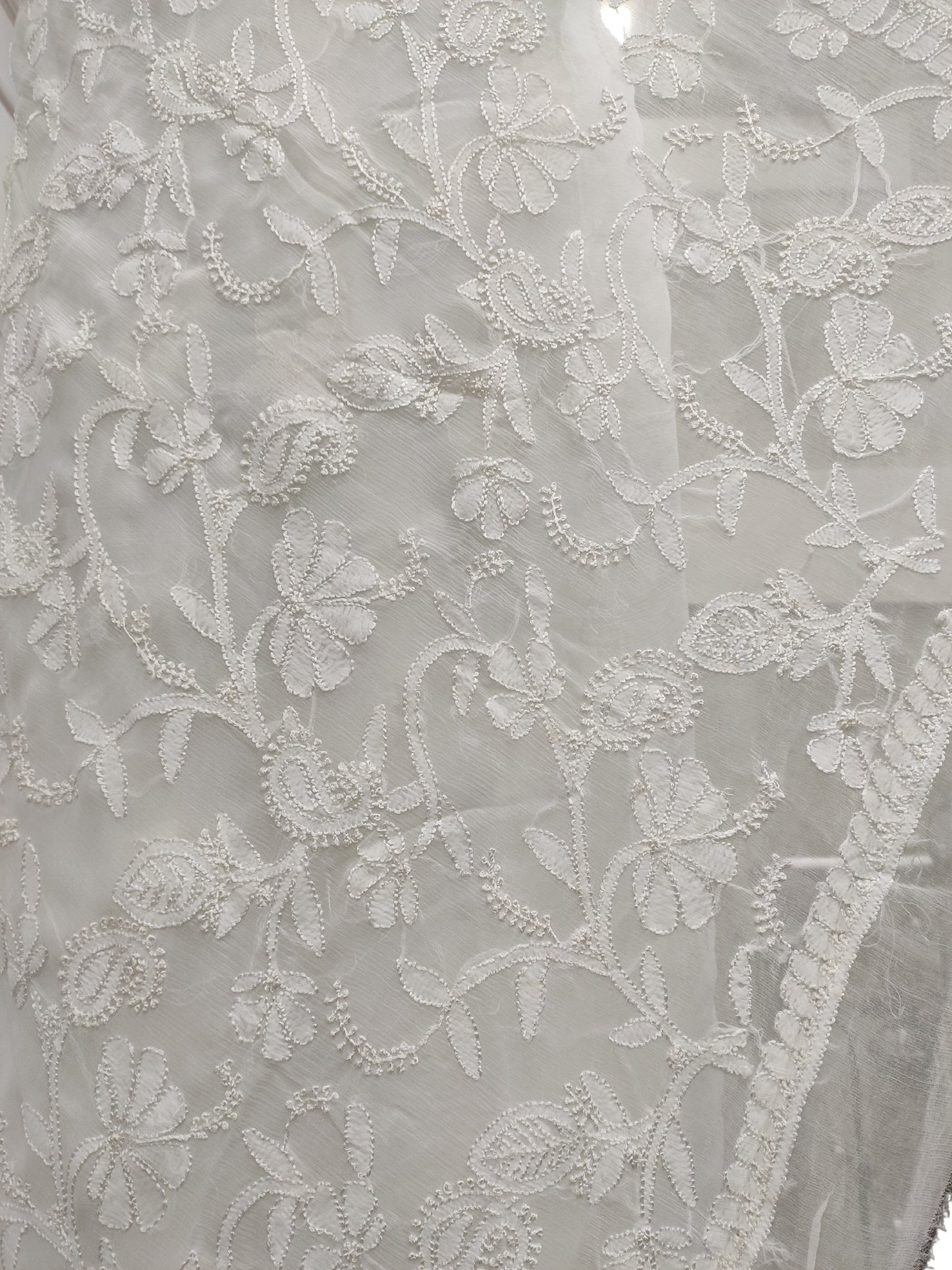 Shyamal Chikan Hand Embroidered White Pure Chiffon Lucknowi Chikankari Saree With Blouse Piece- S9896