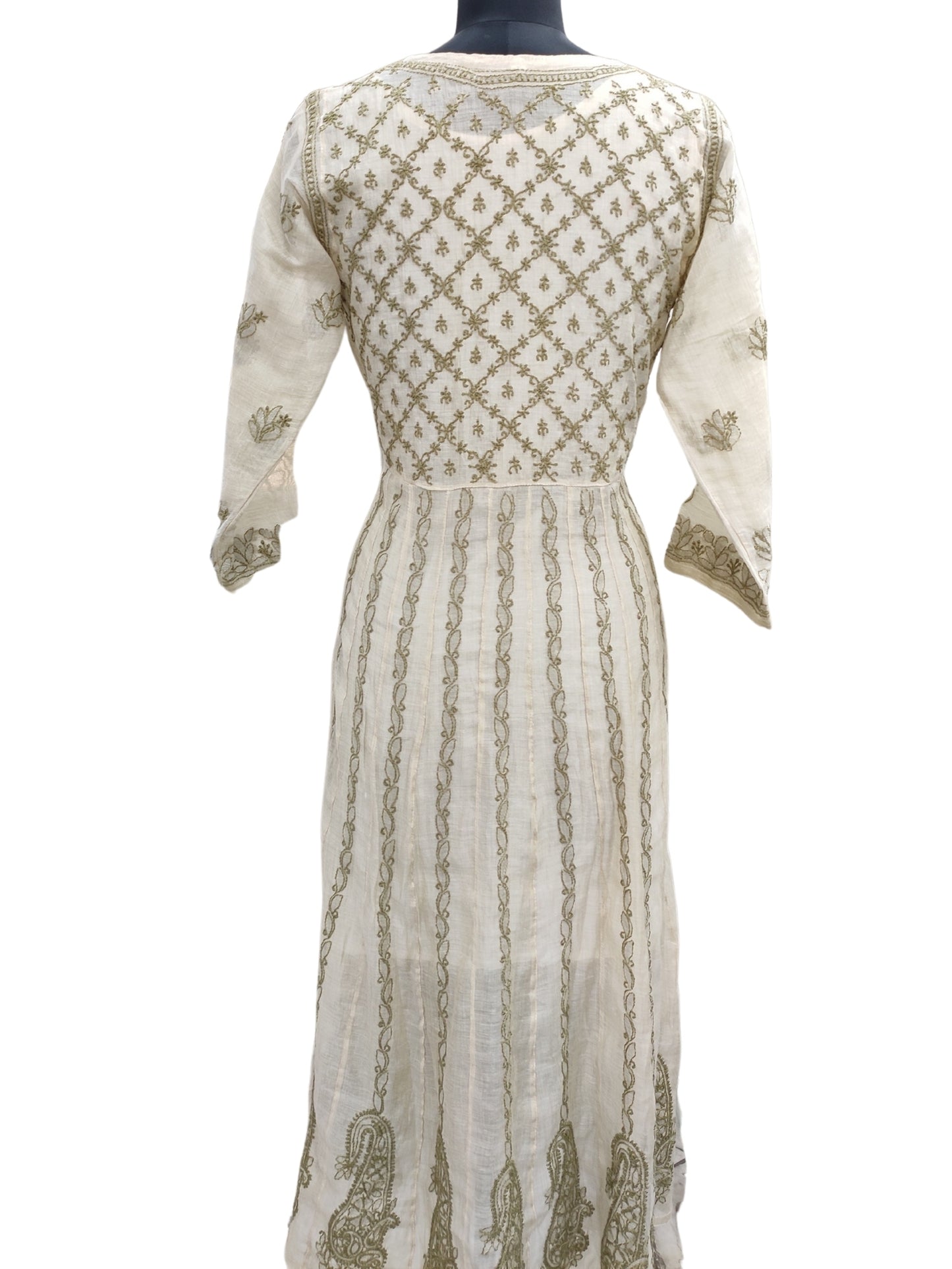 Shyamal Chikan Hand Embroidered Beige Chanderi Lucknowi Chikankari Angrakha Anarkali - S9729
