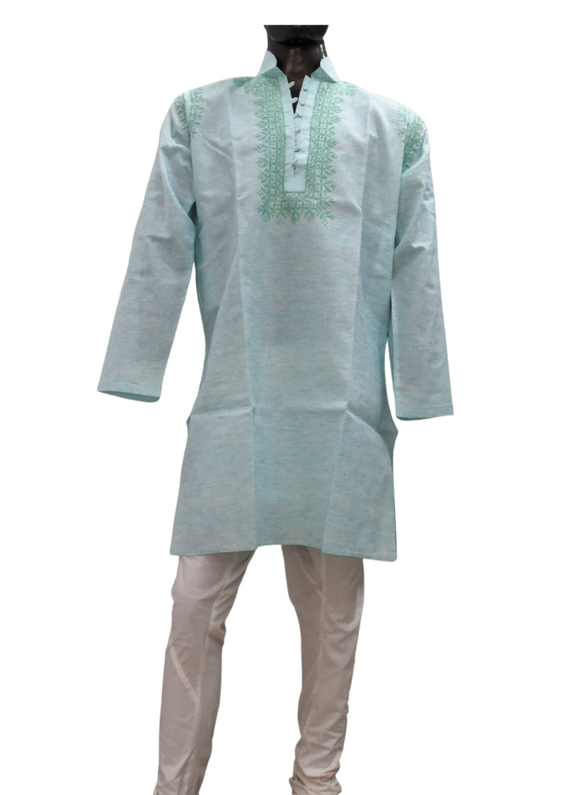 Shyamal Chikan Embroidered Green Cotton Lucknowi Chikankari Men's Kurta – S1372