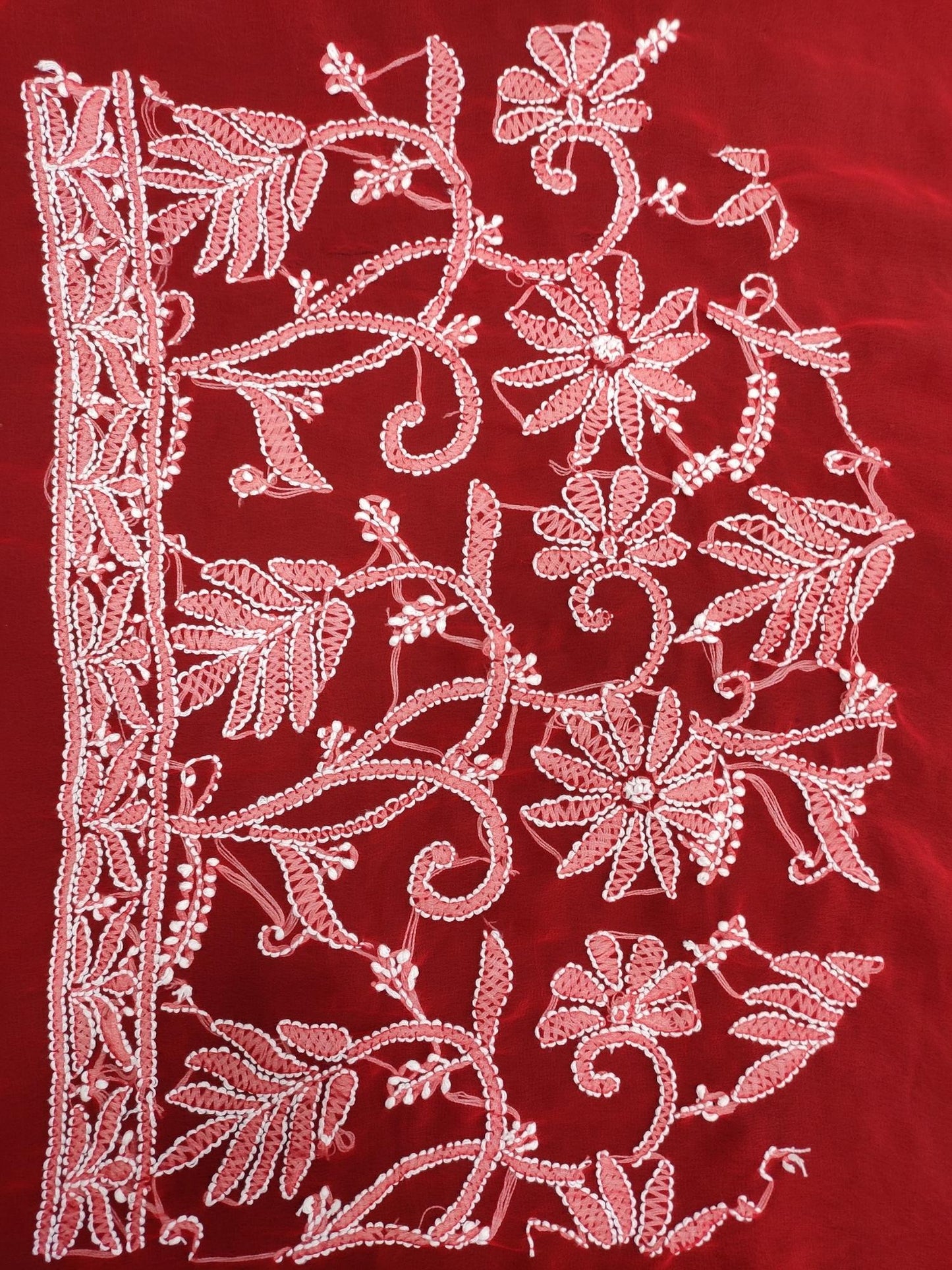 Shyamal Chikan Hand Embroidered Red Georgette Lucknowi Chikankari Full Jaal Saree With Blouse Piece - S13648