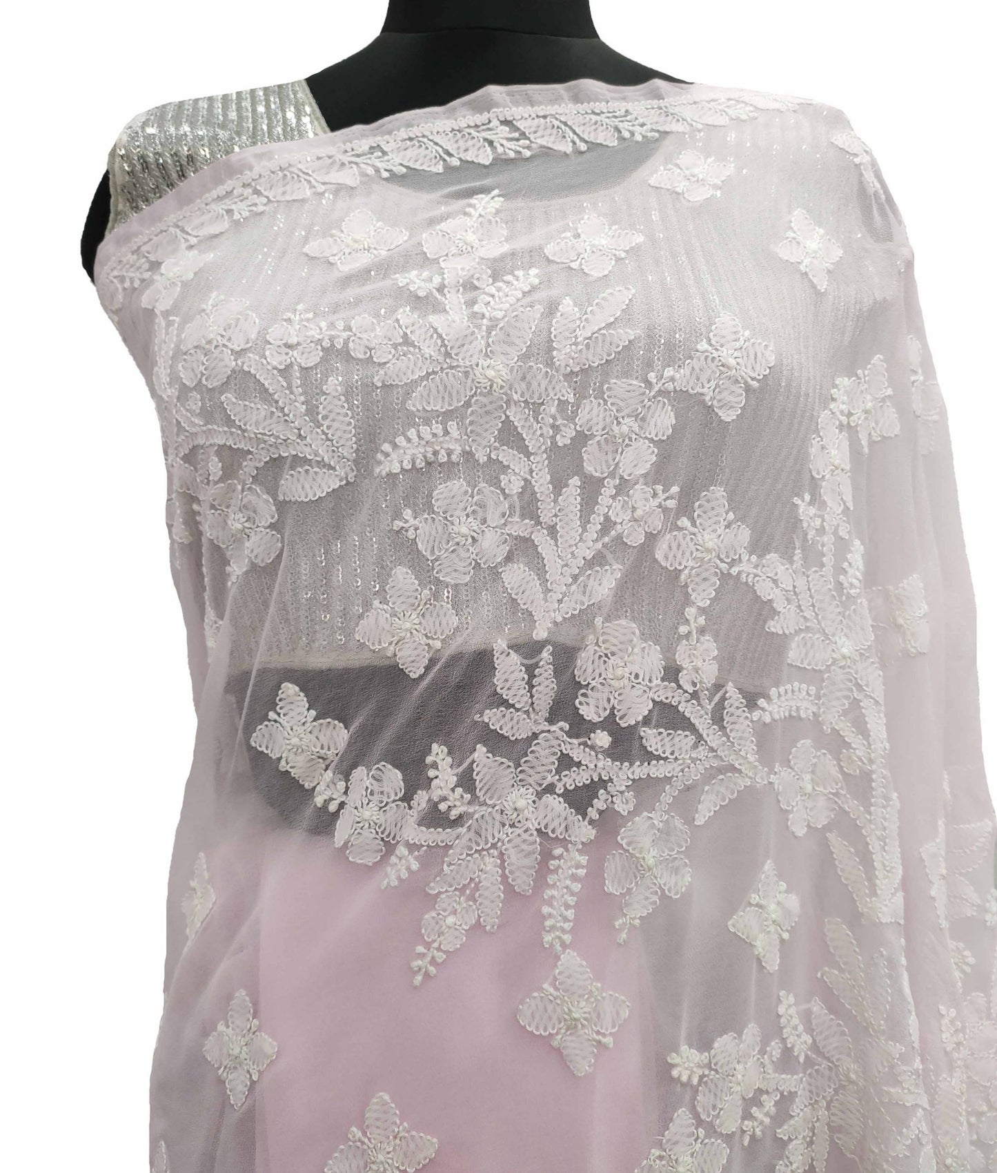 Shyamal Chikan Hand Embroidered Pink Georgette Lucknowi Chikankari Saree With Blouse Piece - S11319