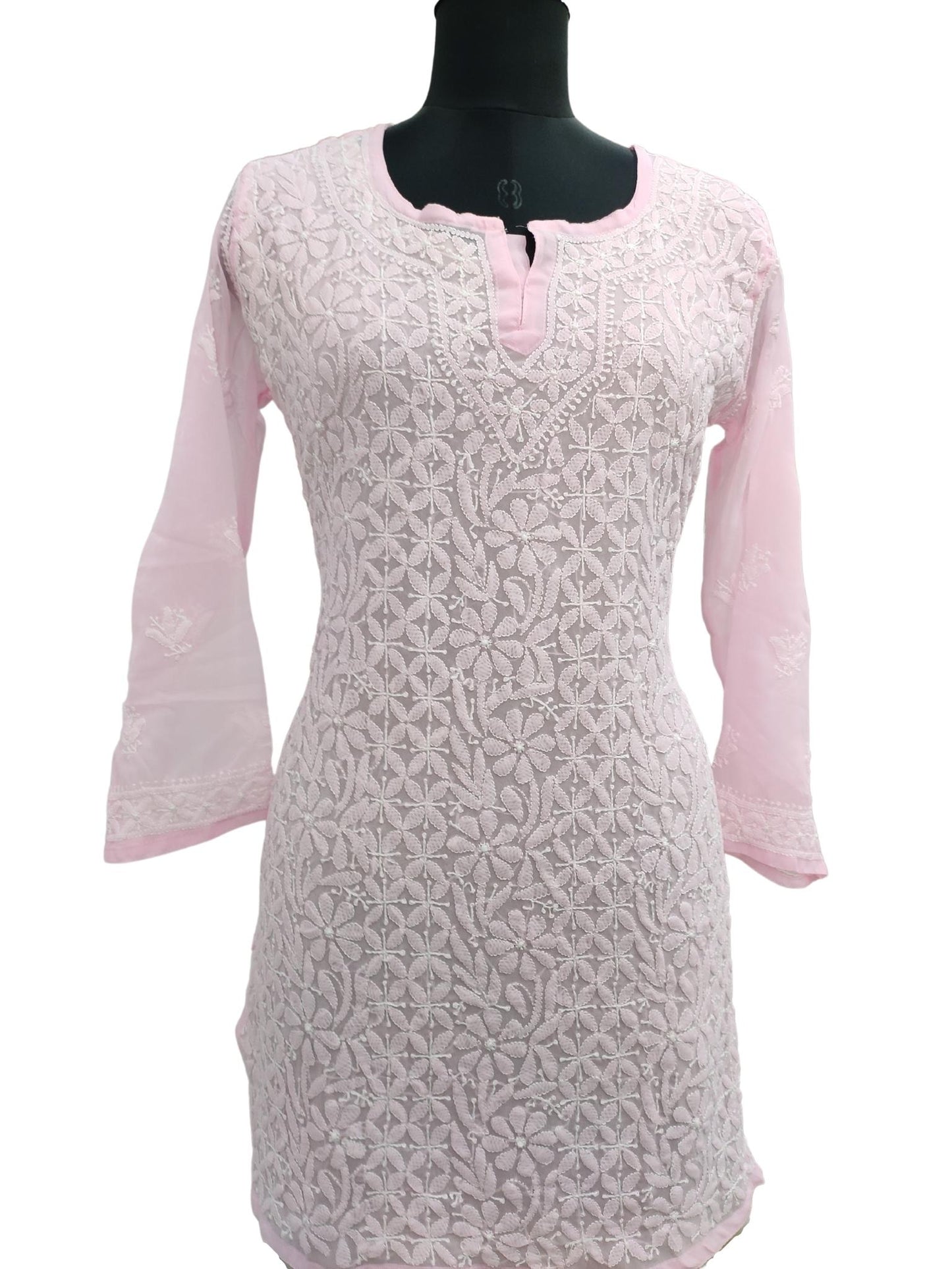 Shyamal Chikan Hand Embroidered Pink Georgette Lucknowi Chikankari Short Top- S15691