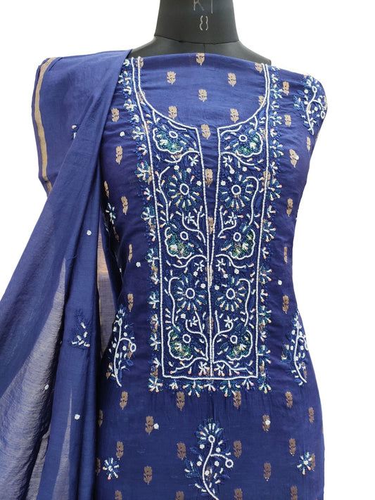 Shyamal Chikan Hand Embroidered  Blue Chanderi Lucknowi Chikankari Unstitched Suit Piece ( Kurta Dupatta Set ) With Pearl and Sequin Work - S17050