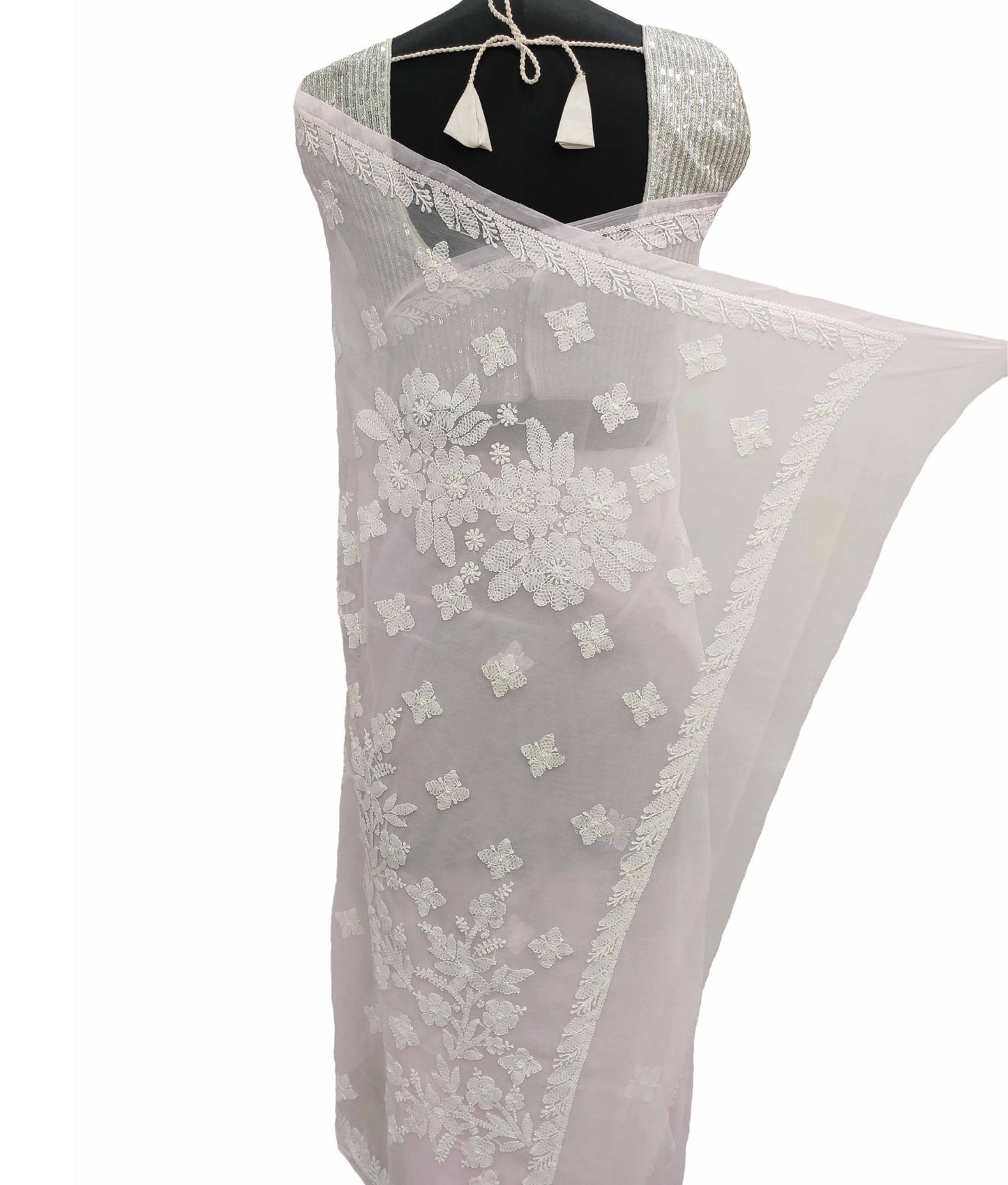 Shyamal Chikan Hand Embroidered Pink Georgette Lucknowi Chikankari Saree With Blouse Piece - S11319