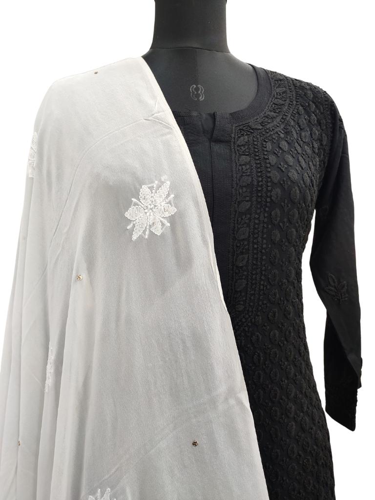 Shyamal Chikan Hand Embroidered White Viscose Georgette Lucknowi Chikankari Dupatta With Mukaish Work - S15243
