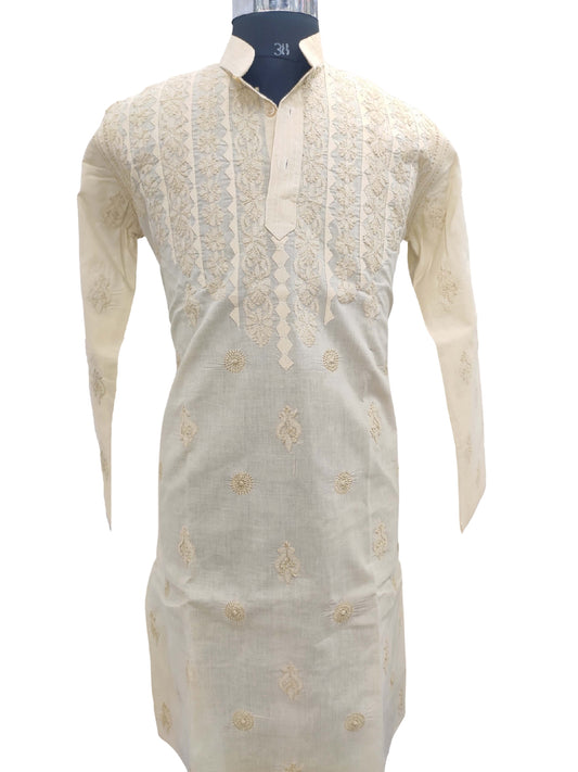 Shyamal Chikan Embroidered Beige Cotton Lucknowi Chikankari Men's Kurta With Daraz Work – S11784
